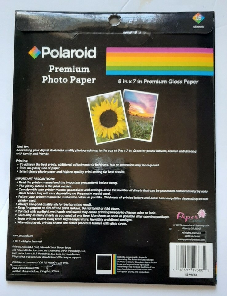5×7 Polaroid Photo Paper Premium Gloss Sealed 15 Sheets Inkjet 48 lb.