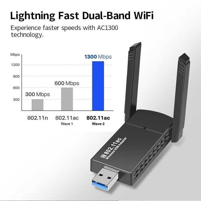 USB 3.0 Wireless WIFI Adapter 1300Mbps Long Range Dongle Dual Band 5Ghz Network