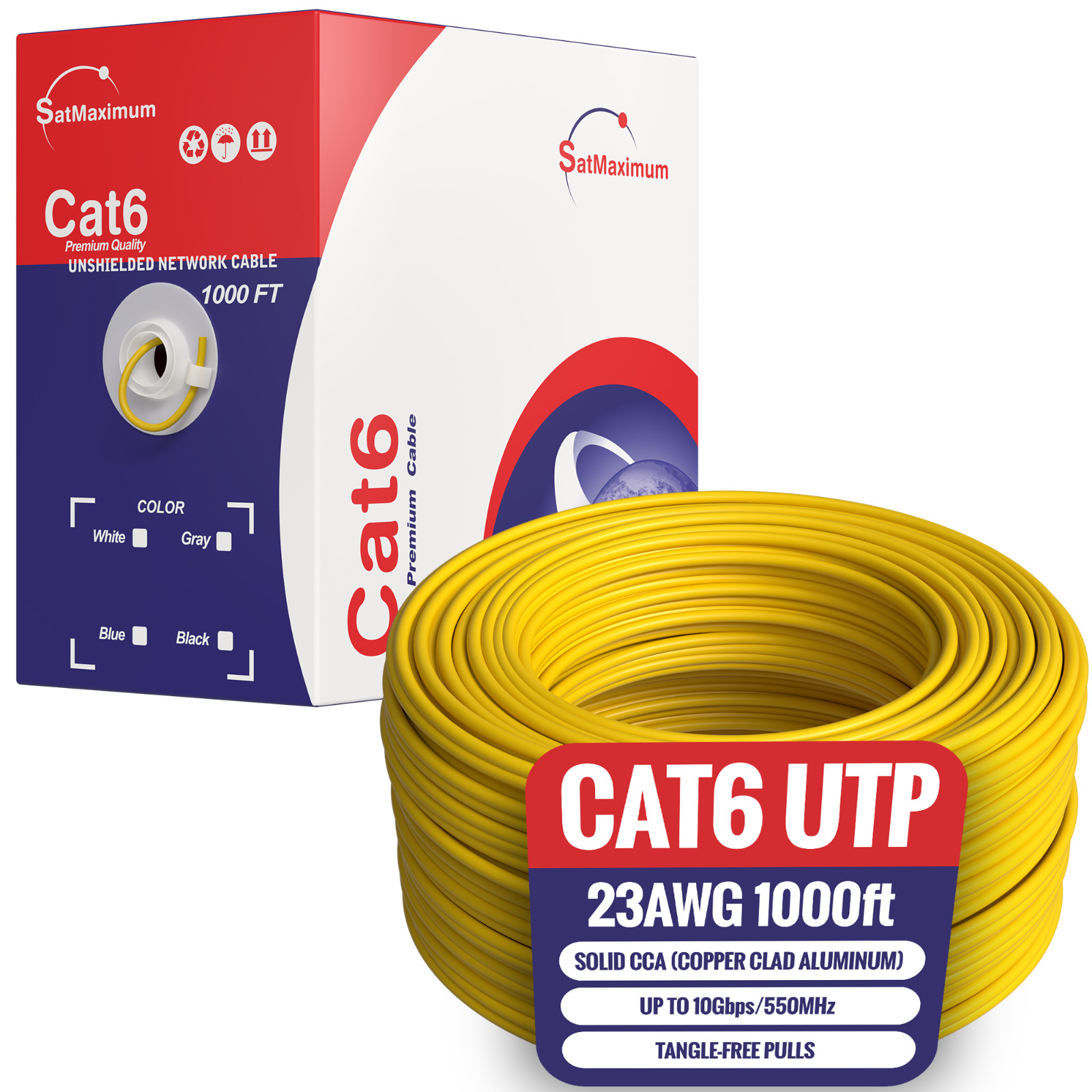 1000ft Yellow CAT6 Ethernet Cables – 23AWG 10Gbps UTP Solid CCA Wire w/Pullbox