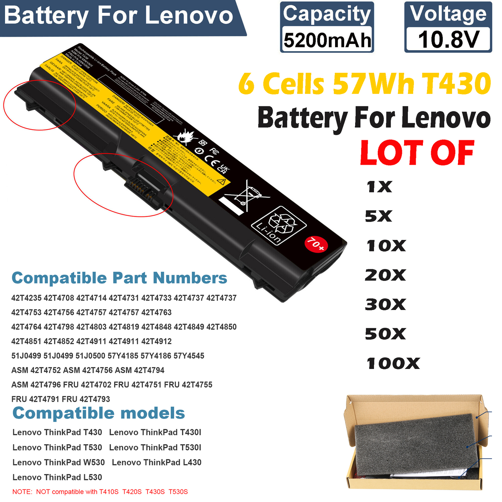 LOT 70+ Battery For Lenovo ThinkPad T430 T420 W530 T530 L530 0A36303 57Wh 6CELLS