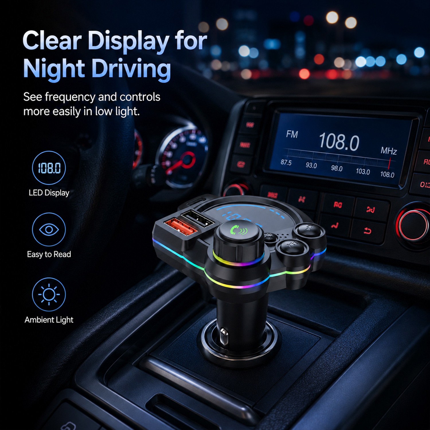 Bluetooth 5.3 Car Wireless FM Transmitter Adapter Hands Free Calling MP3 Player