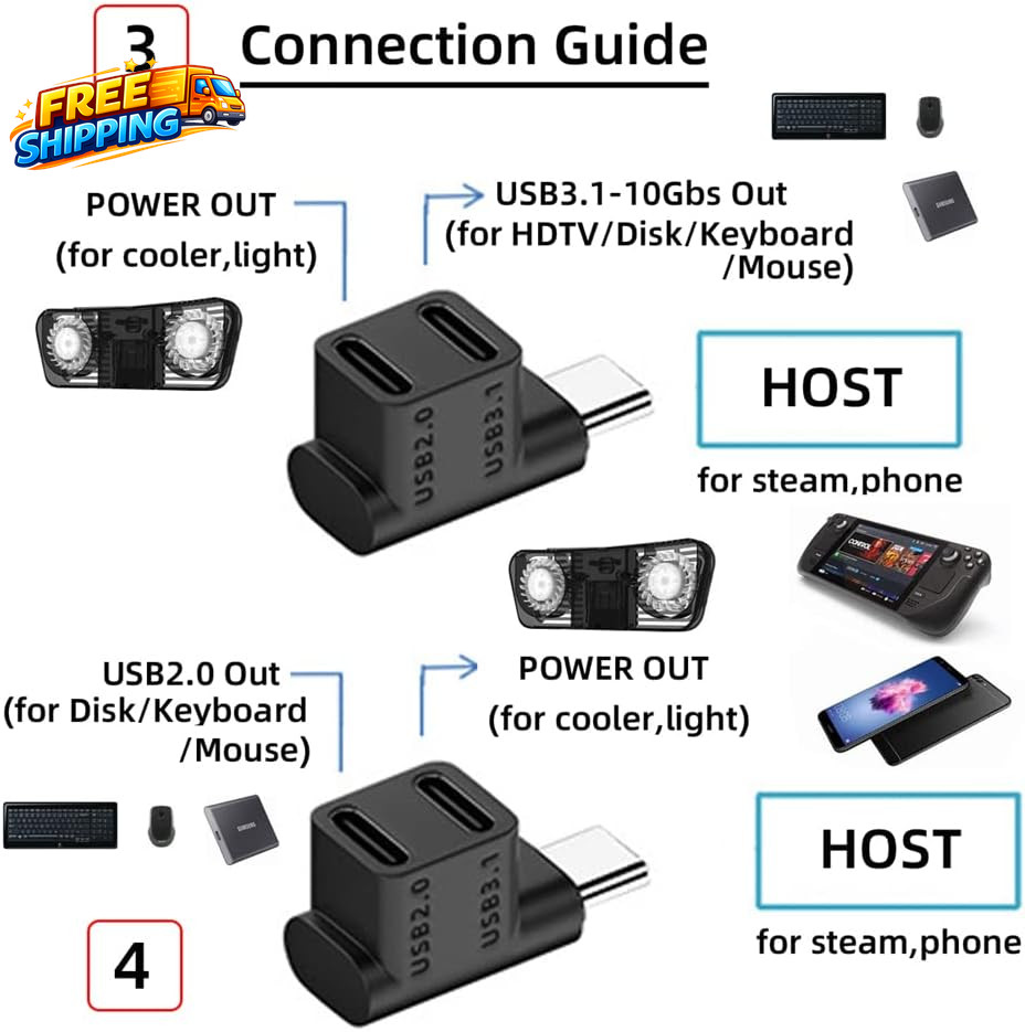 10Gbps USB3.0 Type C Male to Dual Female Power Data Splitter Adapter up Angled