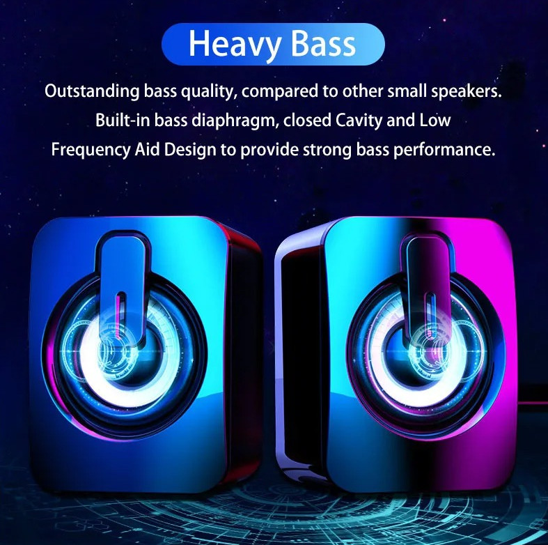 1pc USB Wired Computer Speakers with HiFi Stereo, LED Lights & Microphone – NEW