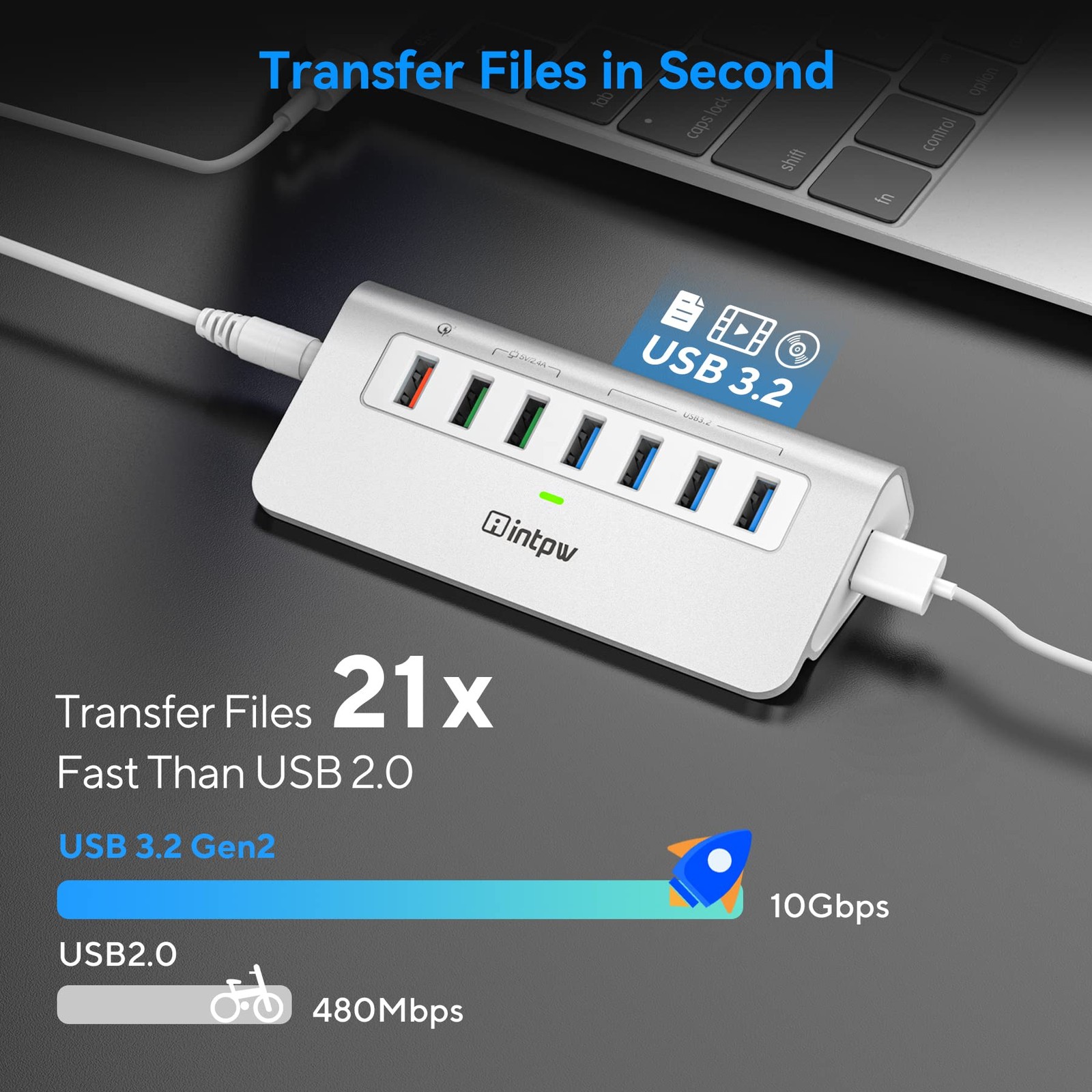 7 Port USB 3.2 Gen 2 Powered Hub 10Gbps 4 Data 3 Fast Charging Aluminum