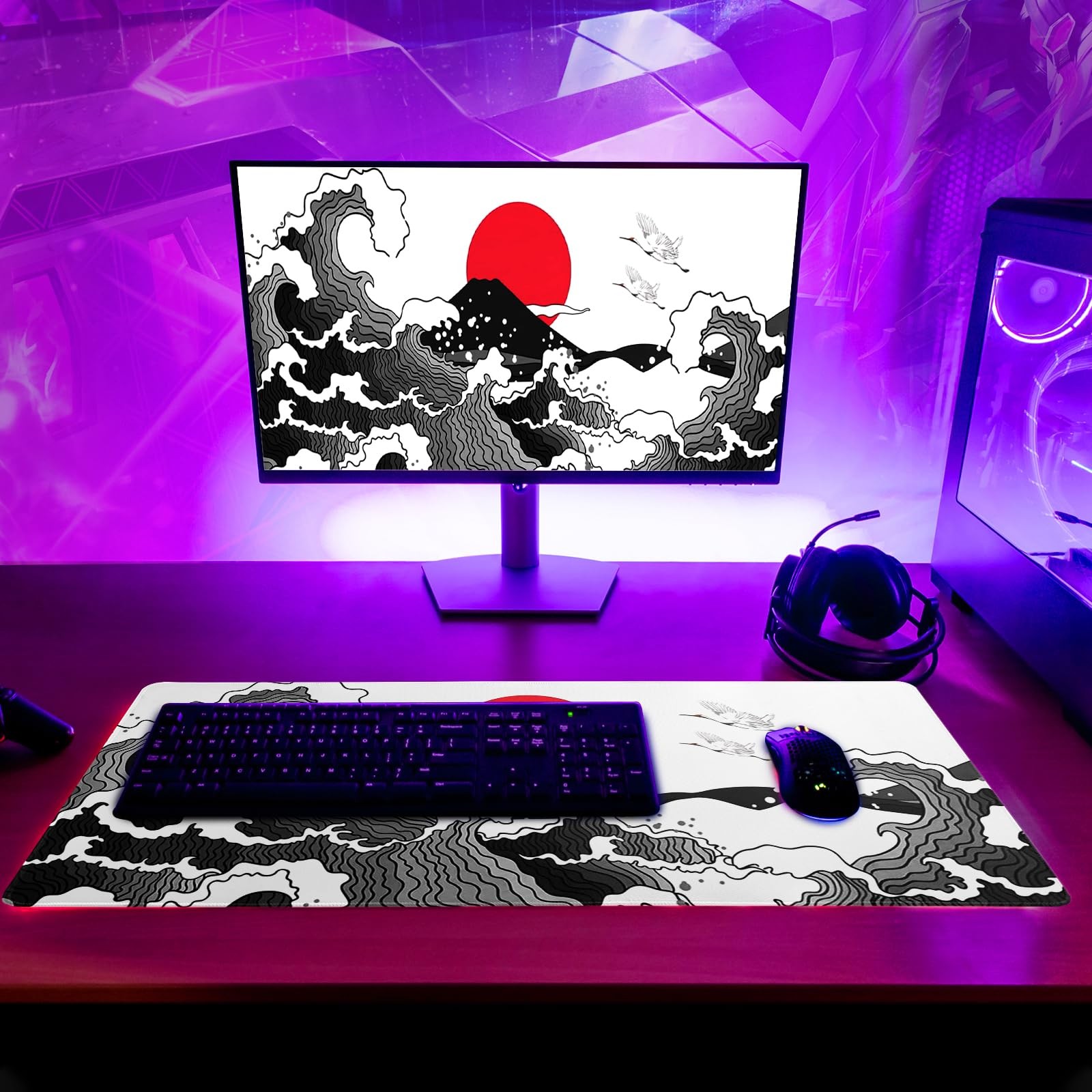Japanese Red and Black Wave Gaming Mouse Pad Extended Large Mouse Mat Desk Pa…