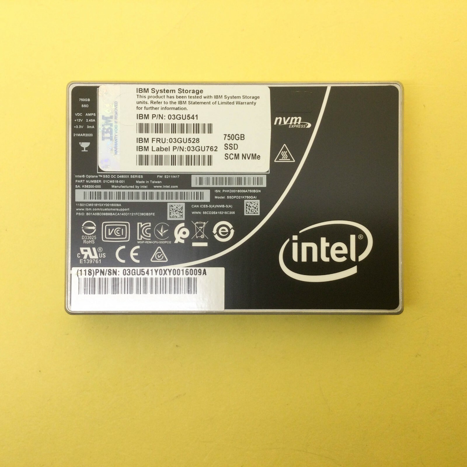 IBM Intel Optane D4800X Series 750GB PCIe NVMe 2.5in U.2 SSD SSDPD21K750GAI