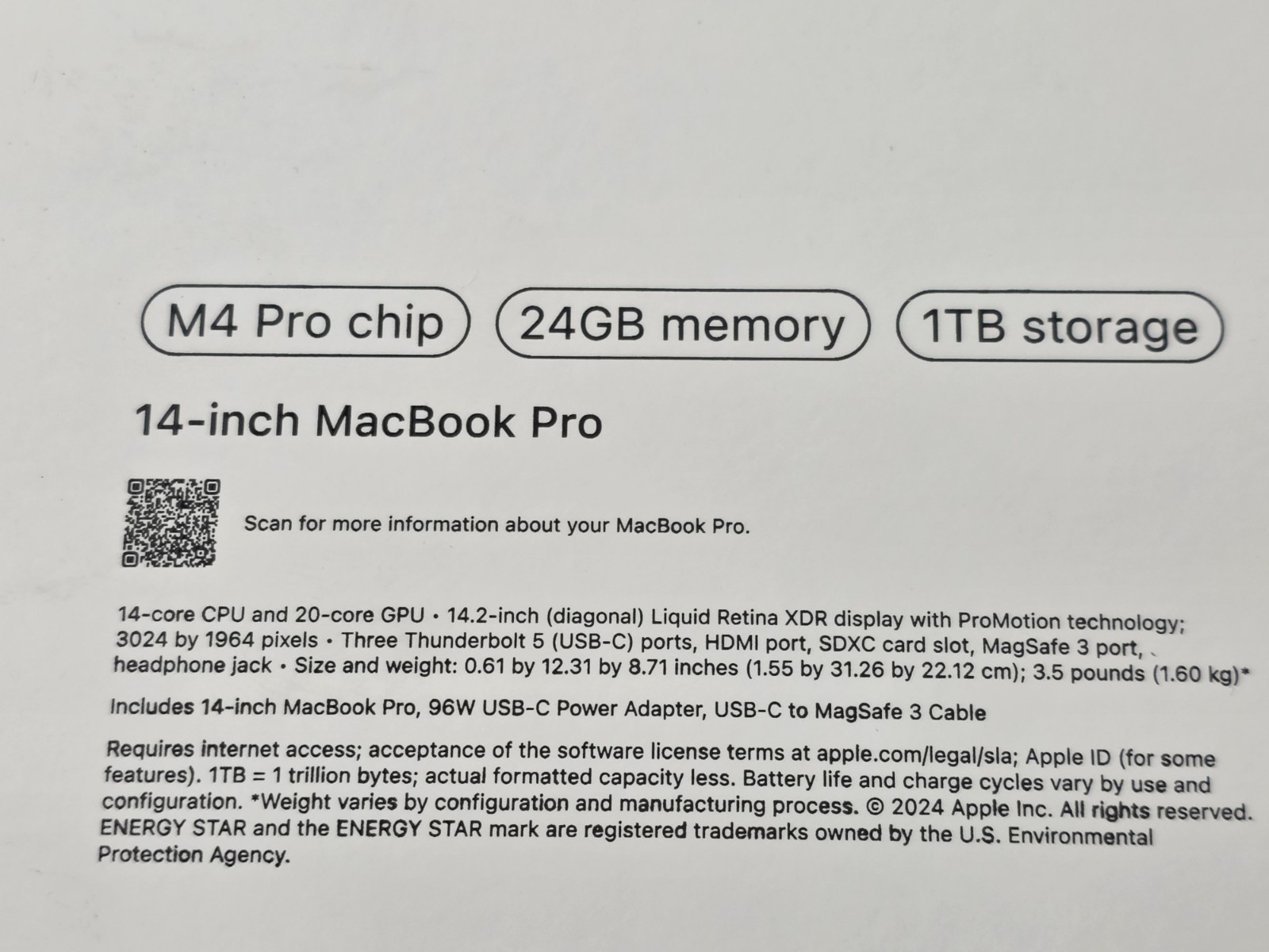 Apple MacBook Pro 14-inch M4 Pro 14-Core CPU 20-Core GPU 24GB RAM 1TB SSD -READ!