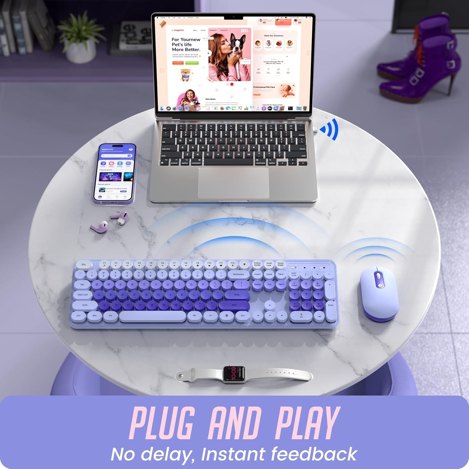 Colorful Computer PC Wireless Keyboard Mouse Combo Full-Sized Silent Typewriter