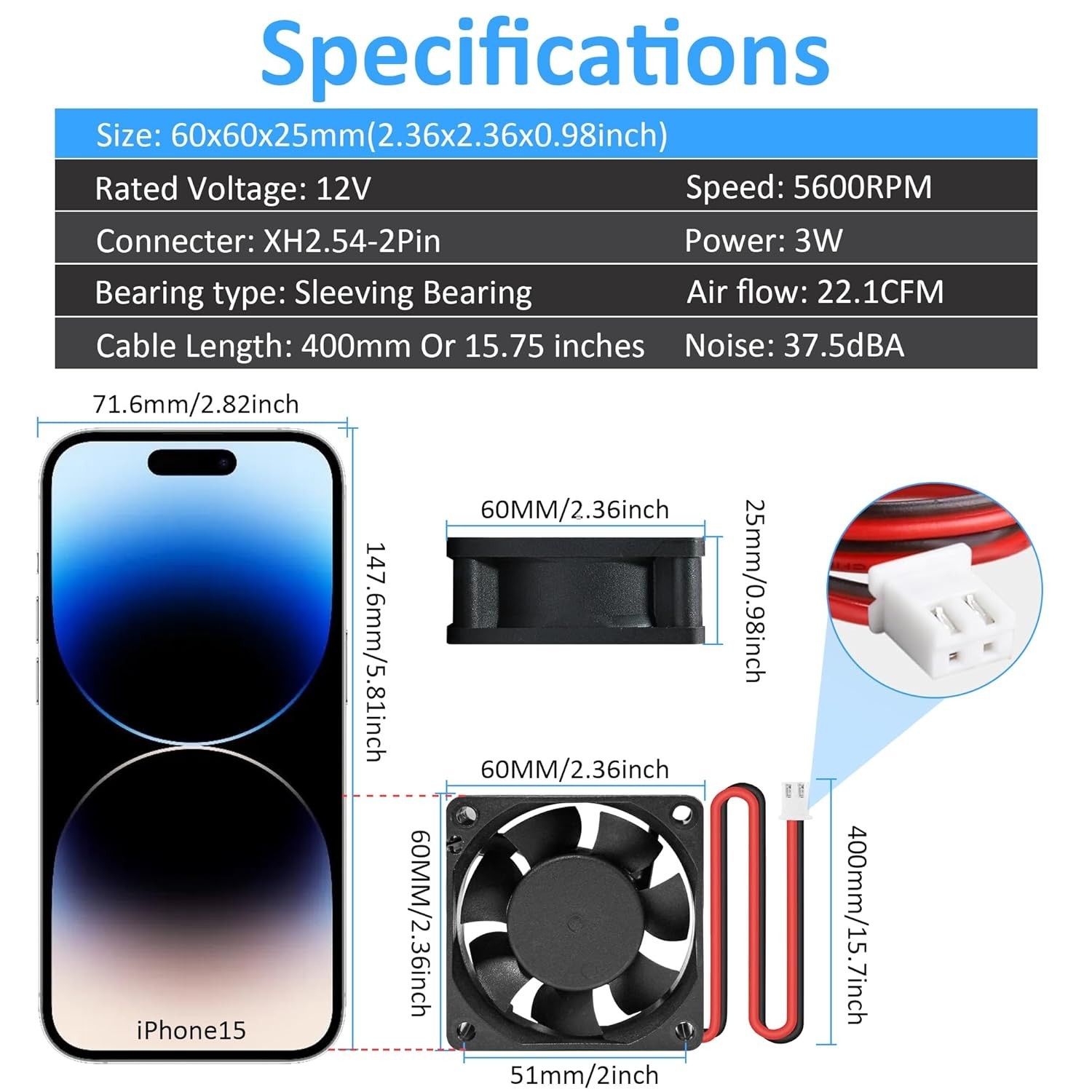 Durable 60x25mm 12V Cooling Fan – 2-Pin, High Performance for Amps