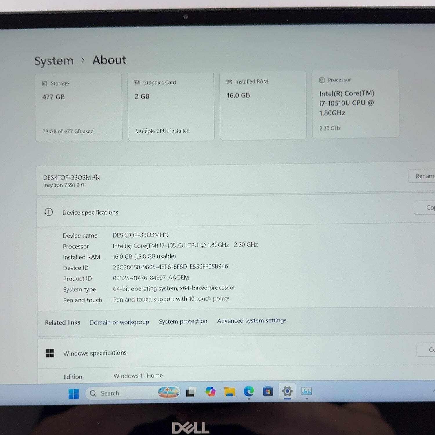 Dell Inspiron 7591 15.6″ i7-10510U 1.8GHz 16GB RAM 512GB SSD