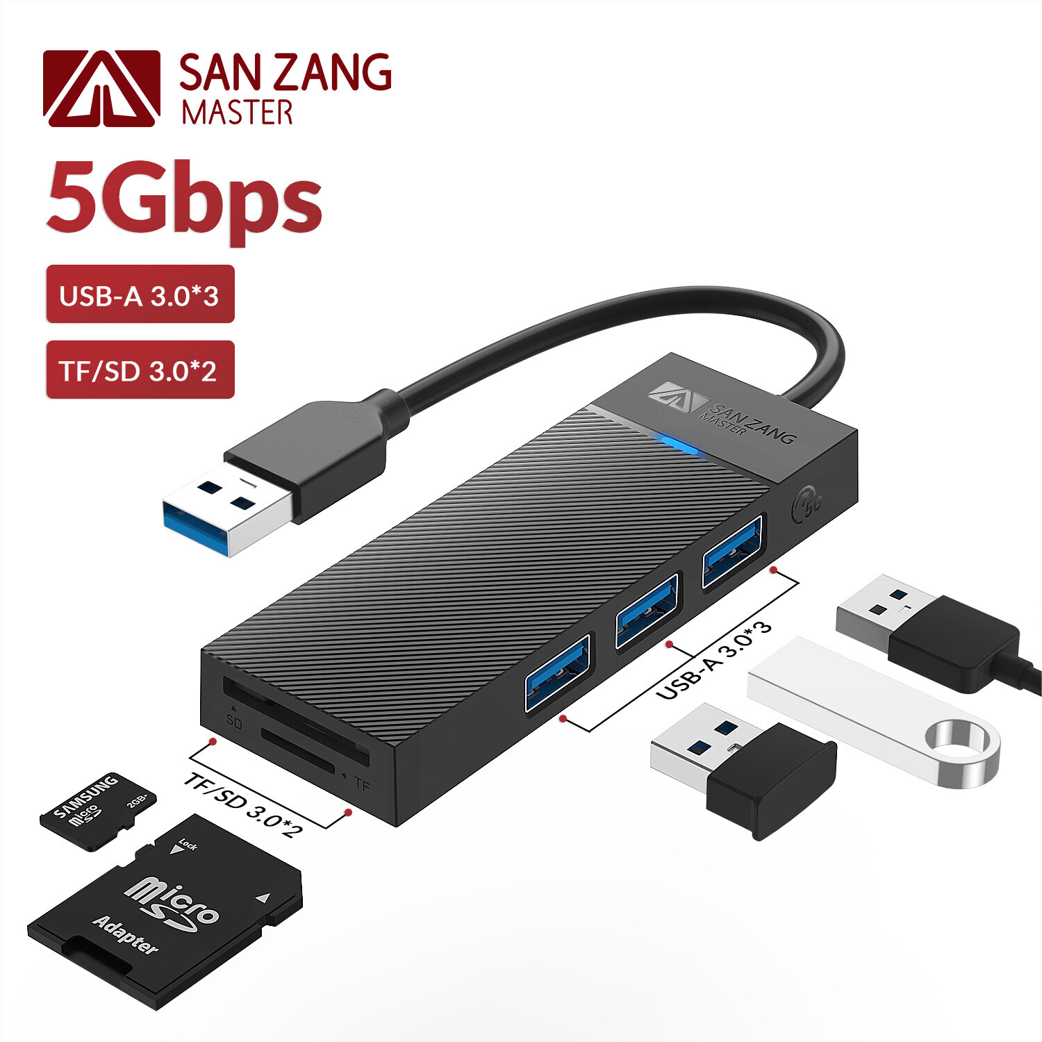 5 IN 1 USB 3.0 Hub Type- A Adapter SD TF Card Reader Ports Ultra Slim Data Hub