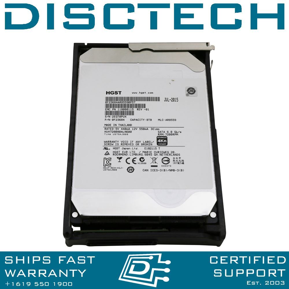 EMC 005051297 / 118000115 / HGST HUH728080ALN600 / 0F23684 8TB 7.2K 4Kn SATA HDD