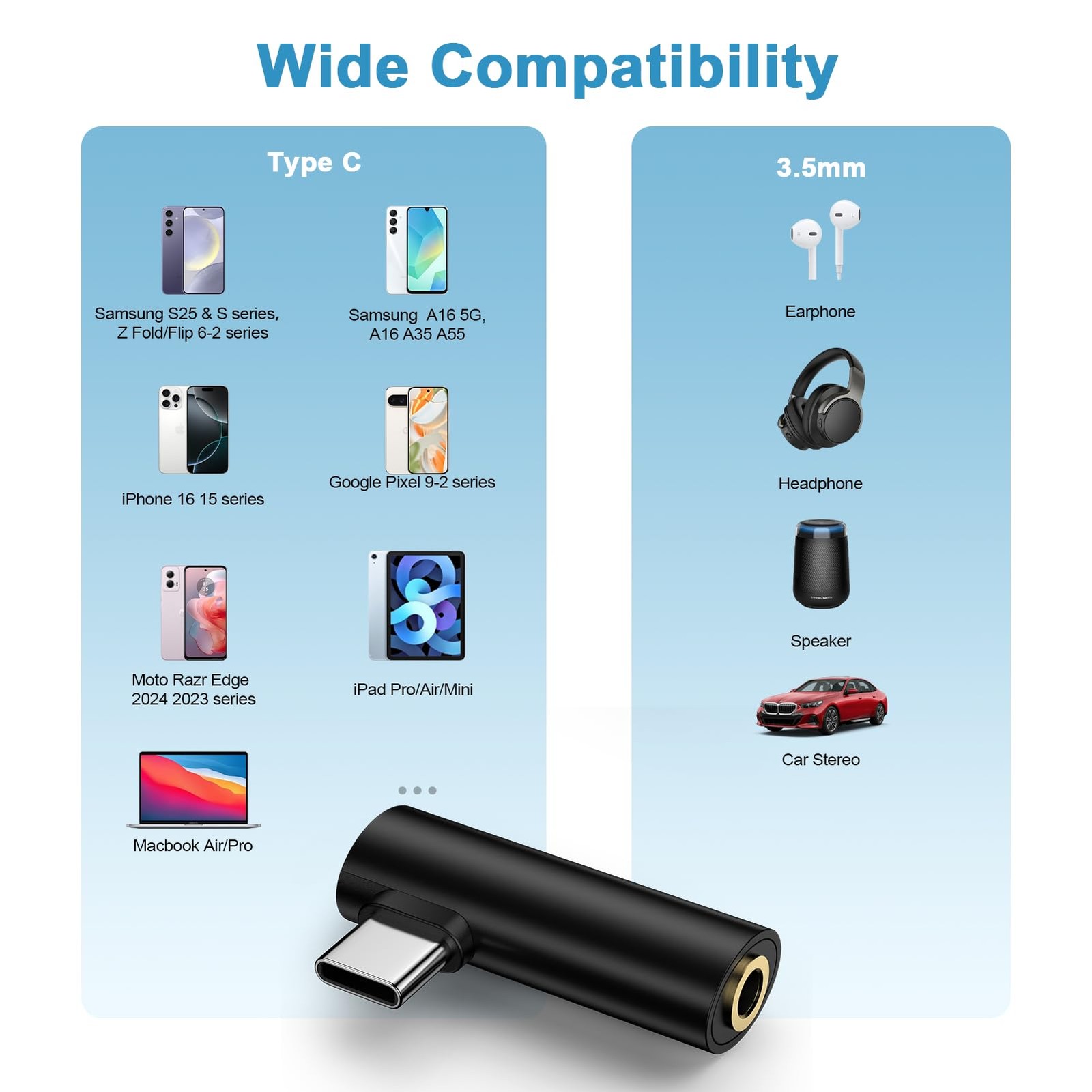 USB C to 3.5mm Headphone Jack Adapter for Samsung Galaxy A17 A16 A35 Black