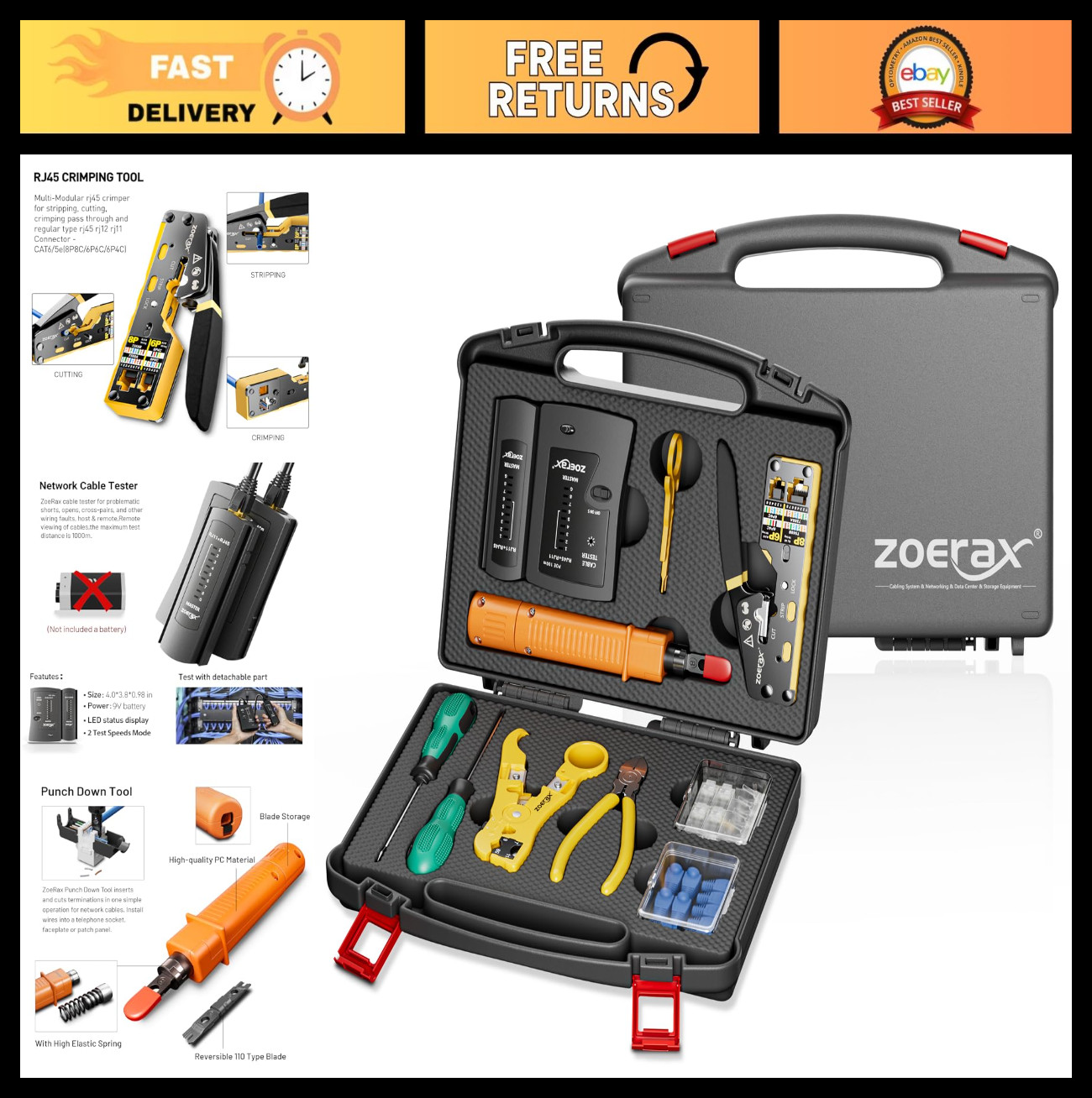 11-in-1 Network Tool Kit – RJ45 Crimping Tool, Tester, Punch Down, Stripper, Cut