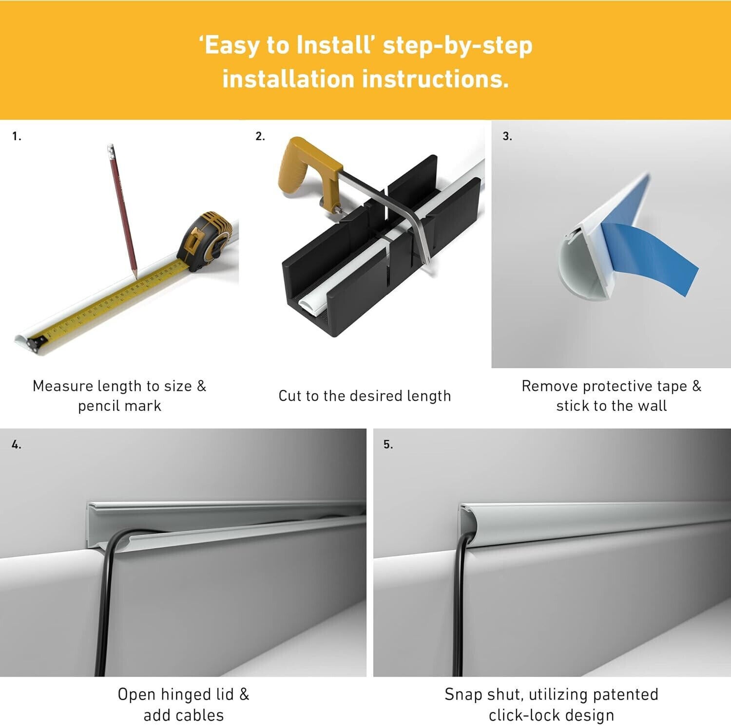 2x1in D-Line White TV Cable Raceway On-Wall Cord Cover | 39 Inch Large Paintable