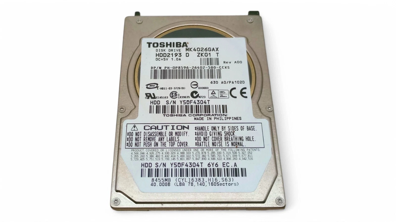 TOSHIBA MK4026GAX HDD2193 – 2.5″ 40GB IDE Hard Drive