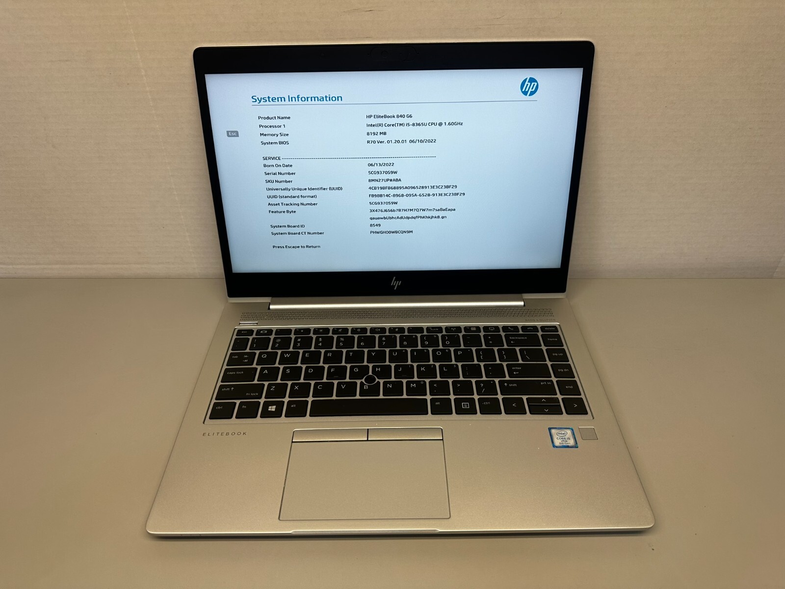 HP EliteBook 840 G6 i5-8365U 1.6GHz 8GB RAM 256GB Batt Capacity +65% Charger