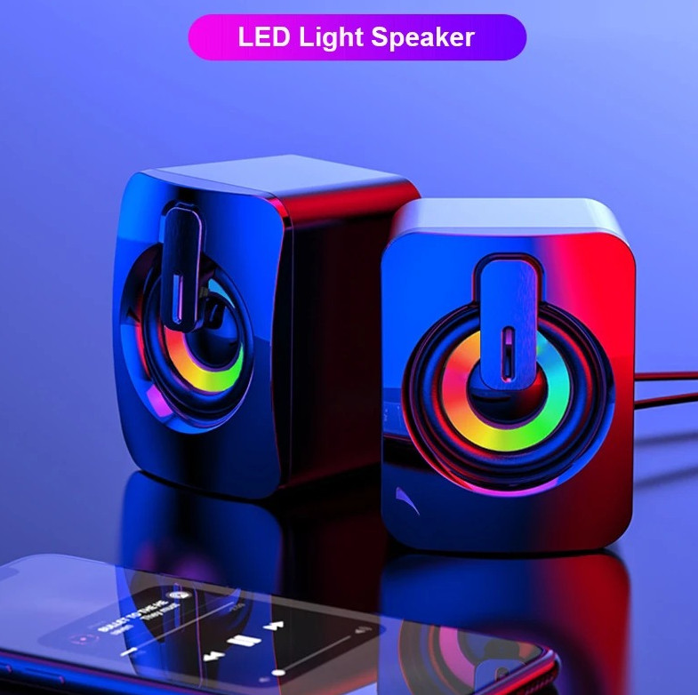 1pc USB Wired Computer Speakers with HiFi Stereo, LED Lights & Microphone – NEW