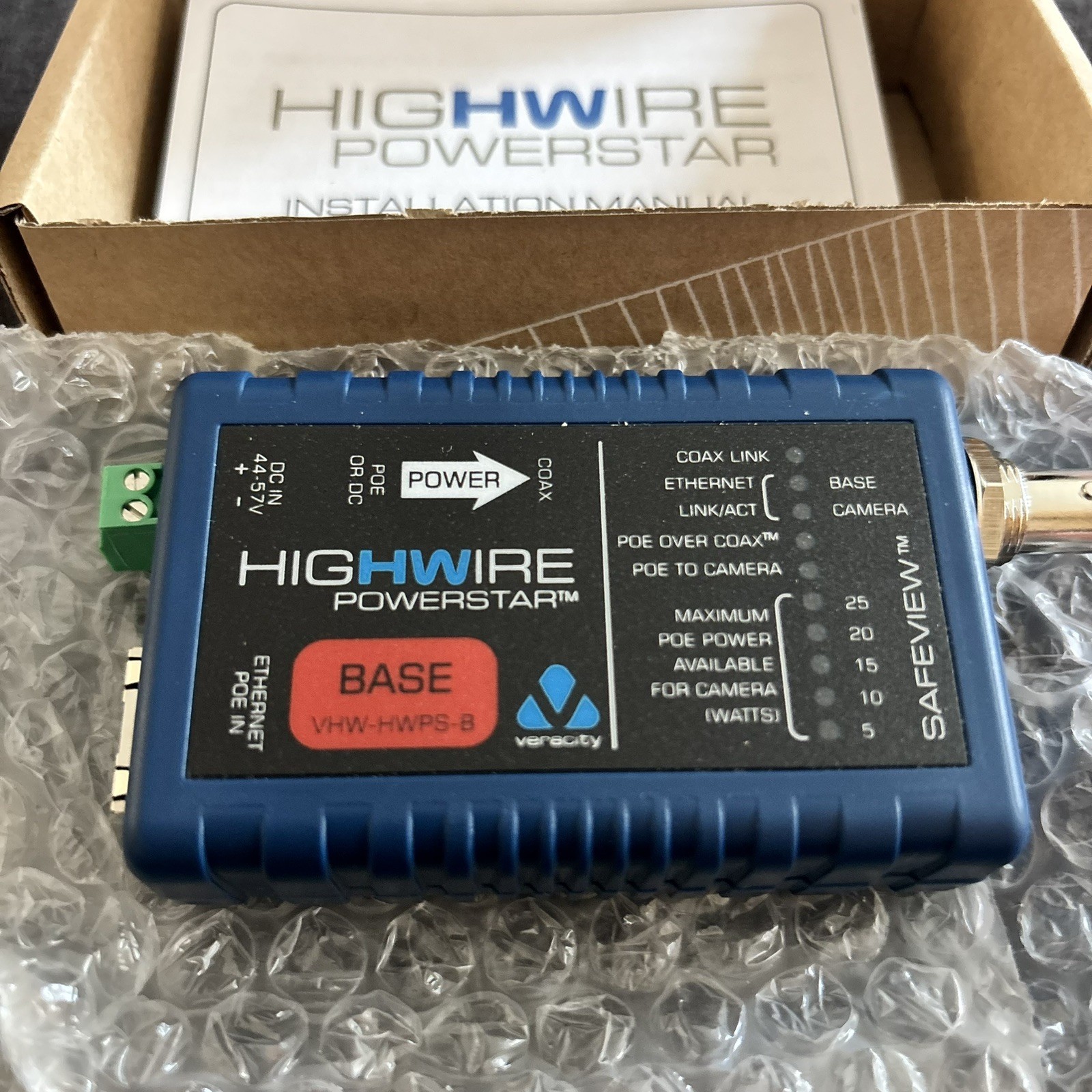 Veracity Highwire VHW-HWPS-B Powerstar Ethernet POE Over Coax IP Adapter Base