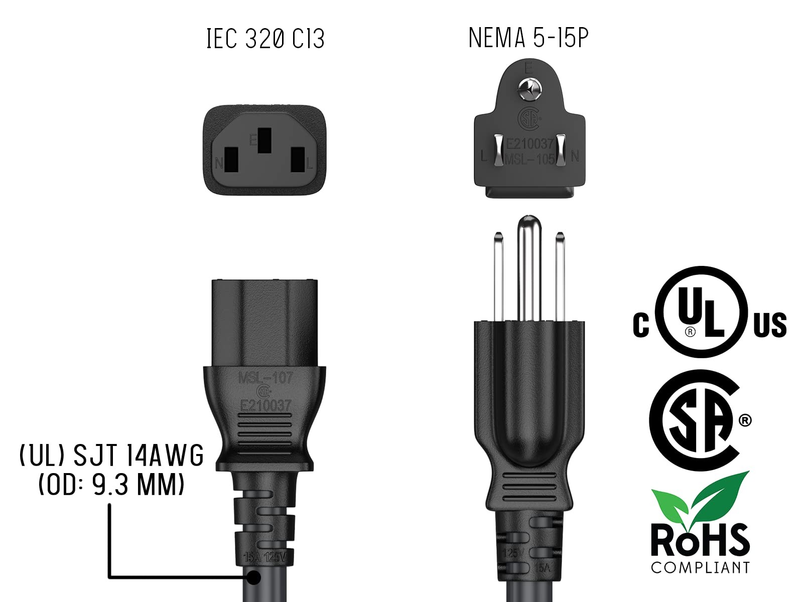Cable Leader 20ft 18 AWG Universal Power Cord IEC320 C13 to NEMA 515P, Extens…