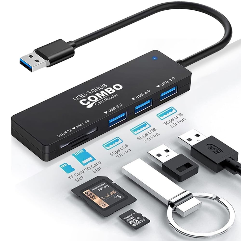 5 Port USB 3.0 Hub Multiport Splitter Adapter SD Micro SD Card Reader 6″ Cable