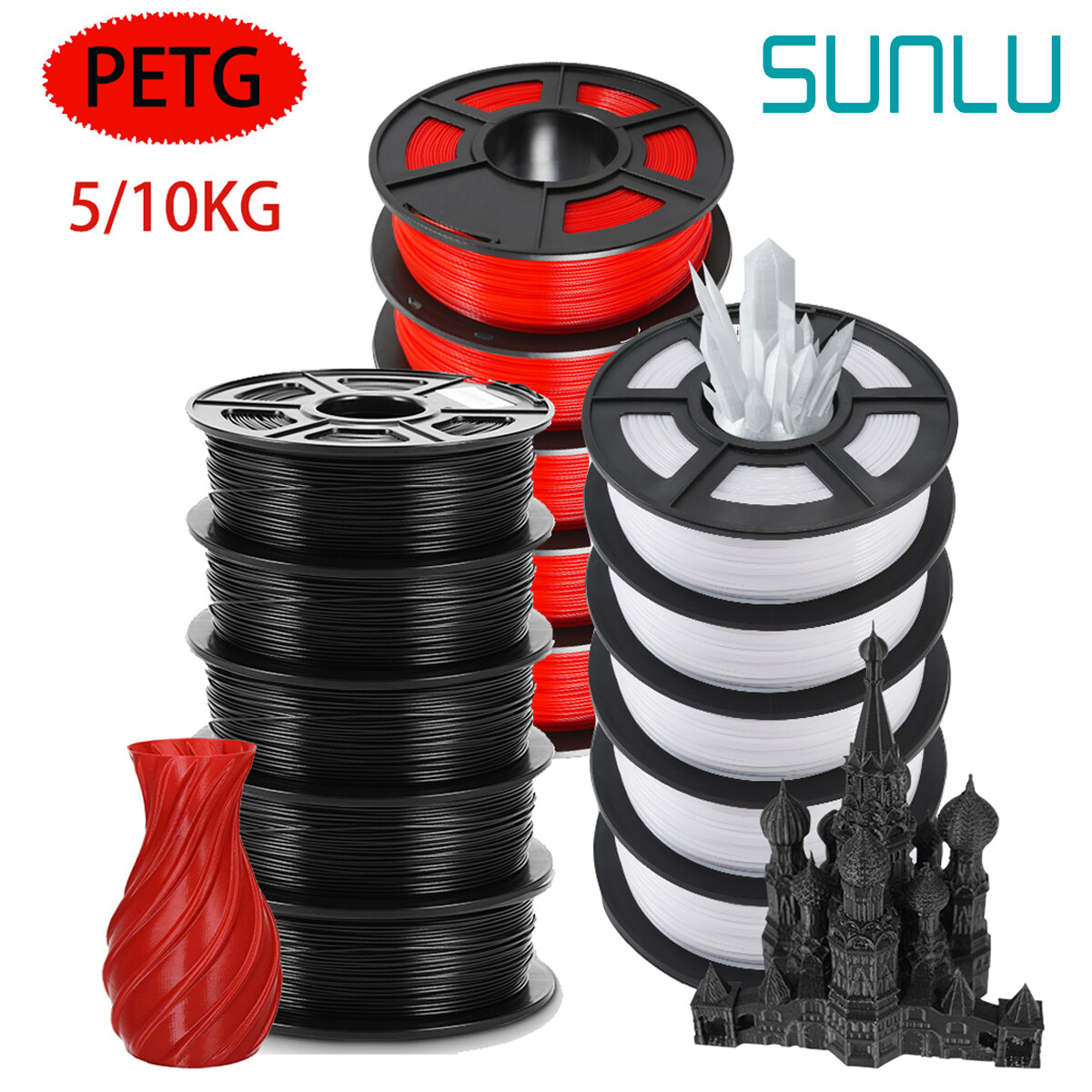 SUNLU 5KG 10KG PETG 3D Printer Filament 1.75mm PETG 1KG/ROLL ±0.02mm Multicolor
