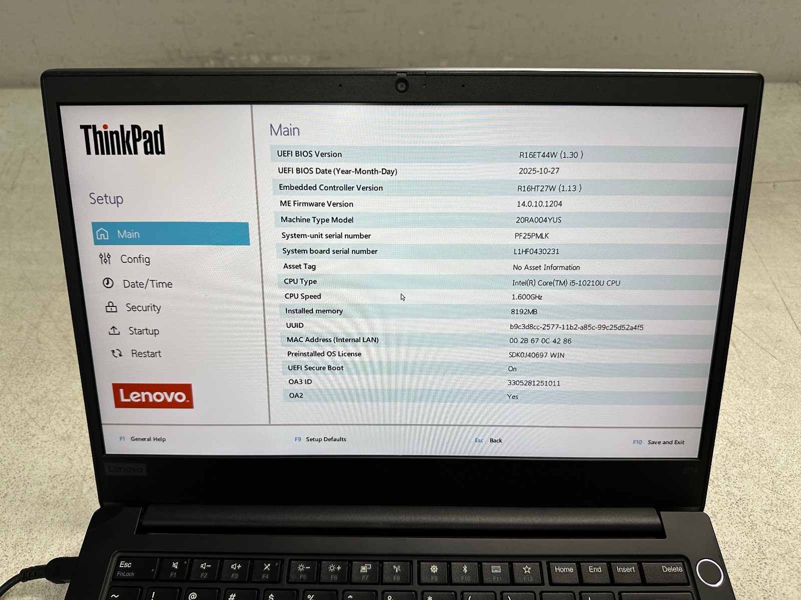 Lenovo ThinkPad E14 (i5-10210U @ 1.60, 8GB RAM, Boot to Bio) NO HD/ADAPTER