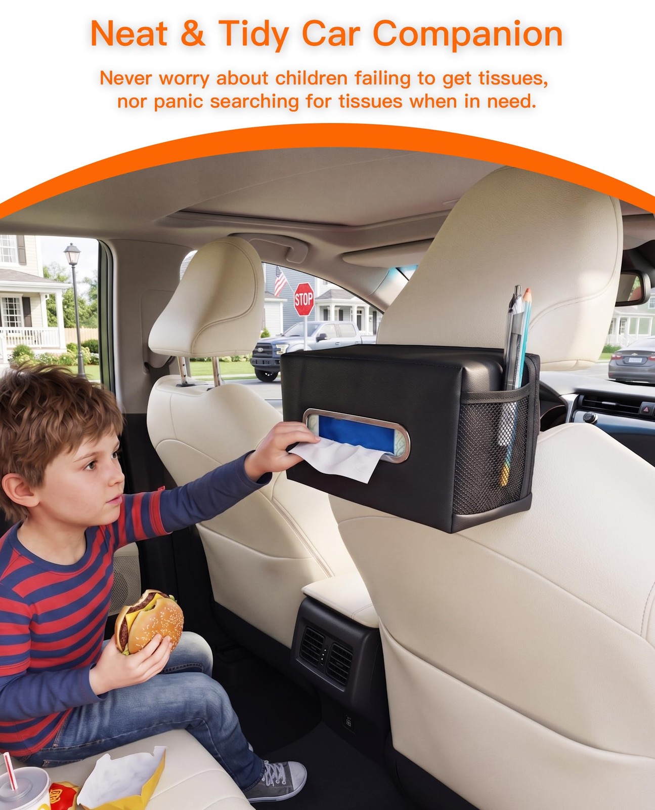 Multi-Functional Car Tissue Holder with 2 Side Mesh Pockets, Large Rectangula…