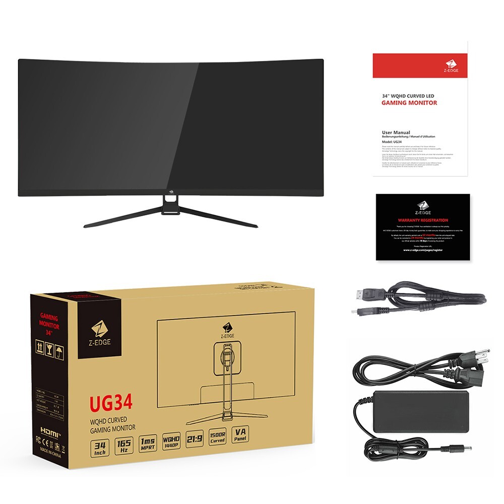 Z-EDGE UG34 34″ 3440×1440 21:9 2K UWQHD 165Hz 1ms Curved Gaming Monitor, PBP/PIP