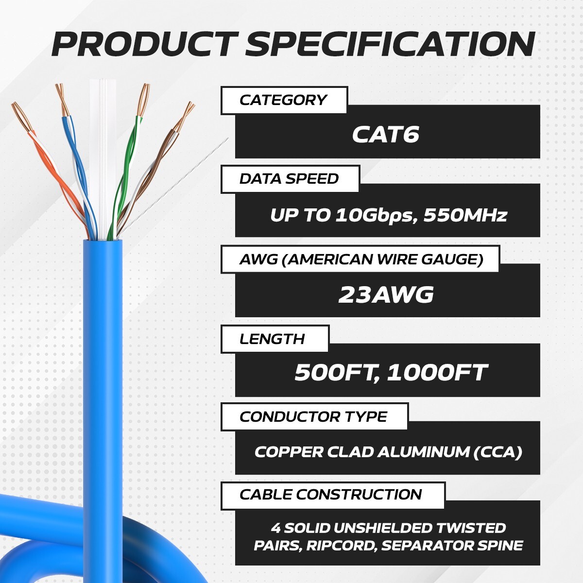 CAT6 UTP 500FT Ethernet Network Cable 23AWG LAN Bulk Solid Wire LOT