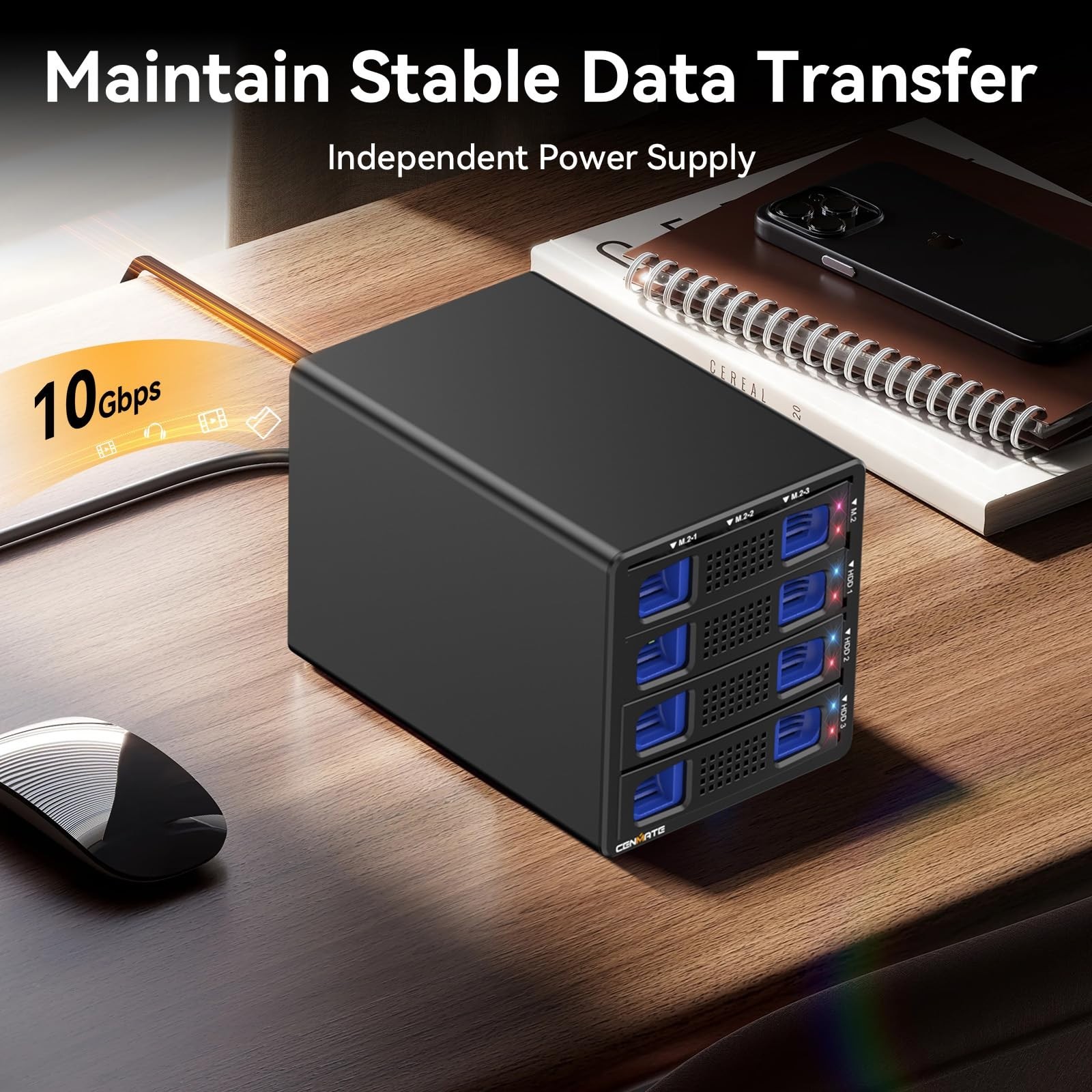 Hybrid SATA HDD/SSD Enclosure with Cooling Fan, USB 3.2 Gen 2, Supports 90TB Sto