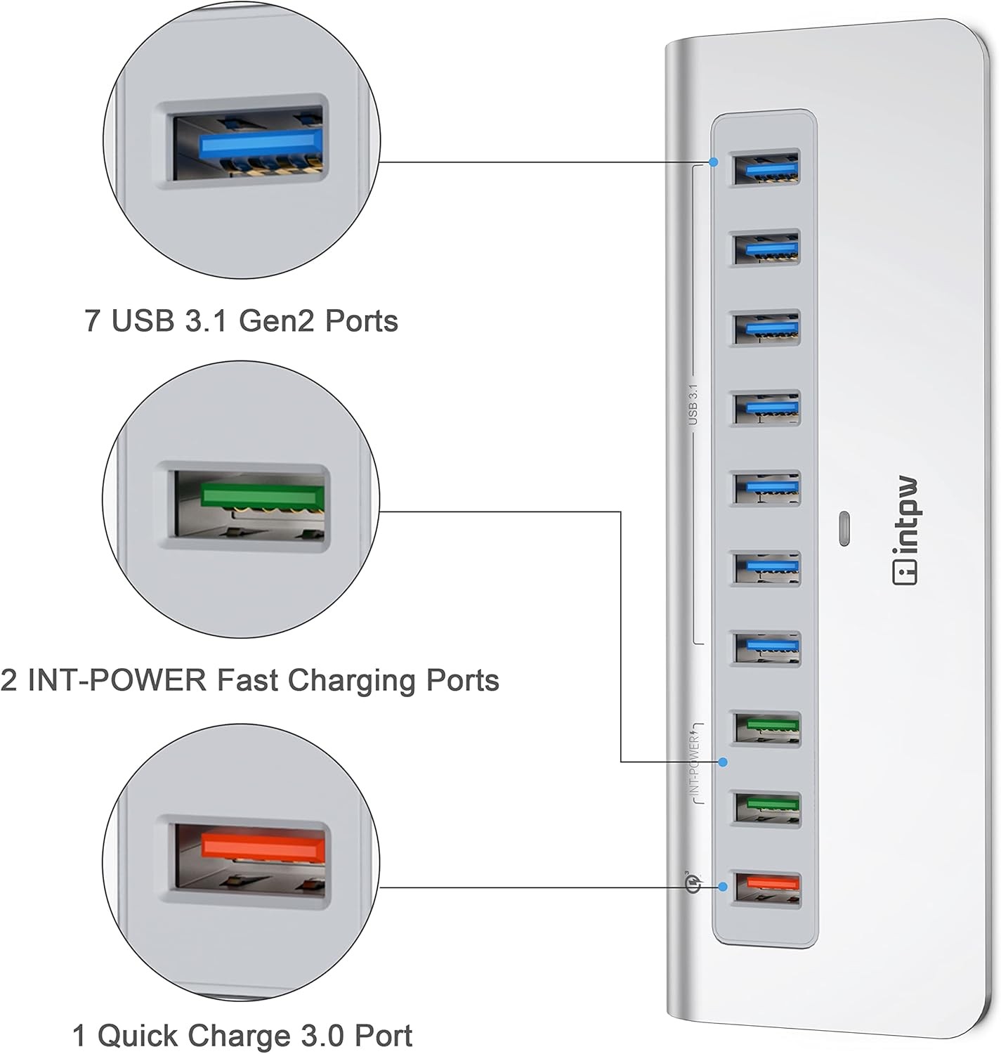 Powered USB Hub 10Gbps, 10 Port USB 3.1 Gen 2 Hub with 7 USB 3.1 Data Ports, 3 F