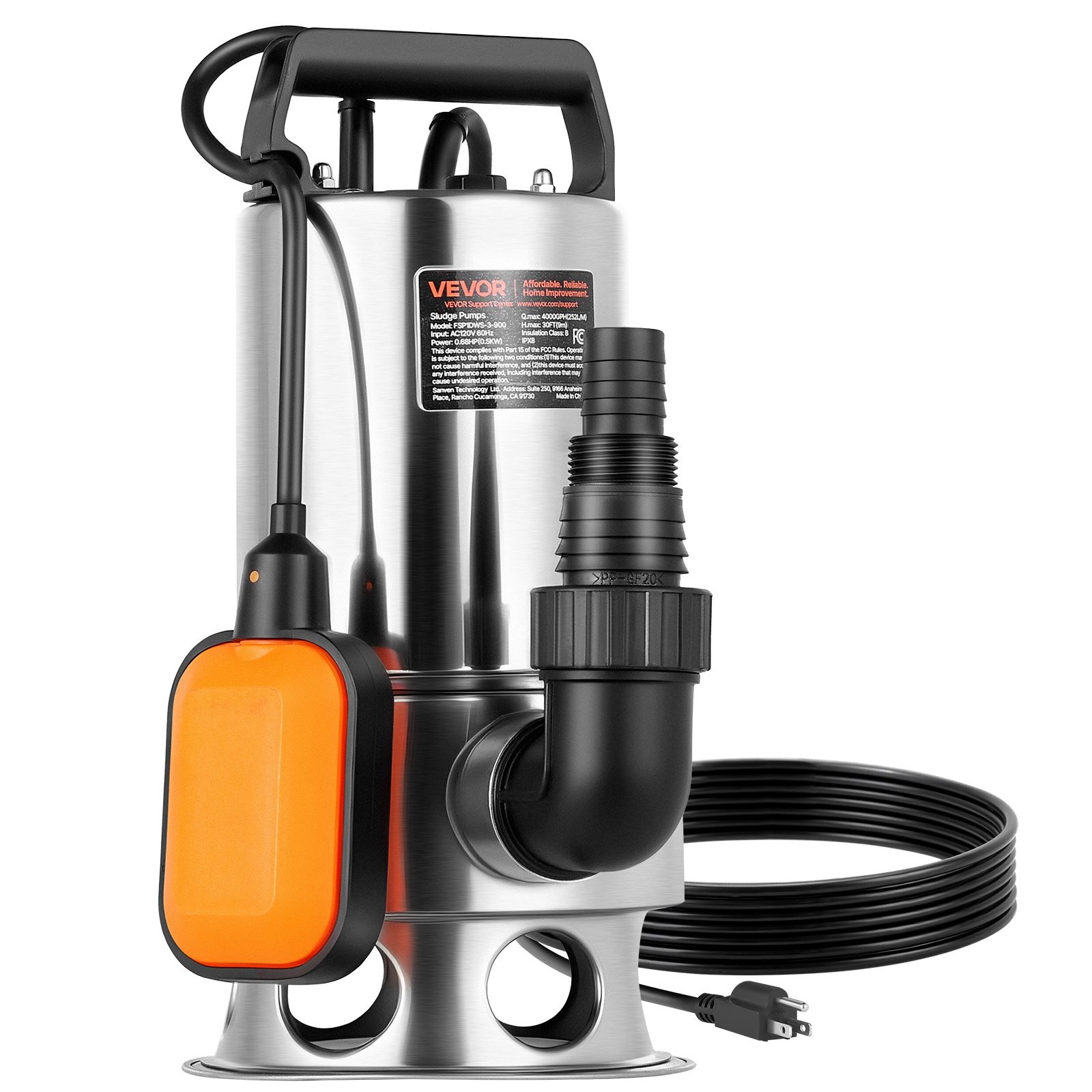 0.68 HP Submersible Sump Pump, 4000 GPH, Stainless Steel Submersible Sewage Dirt