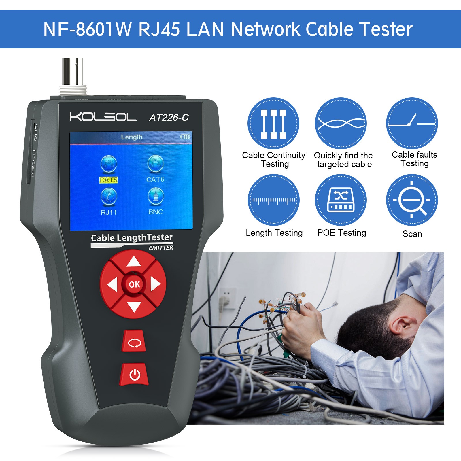 NF-8601W Multi-Functional Network Cable Tester For RJ45 RJ11 POE W/ 8 Identifier