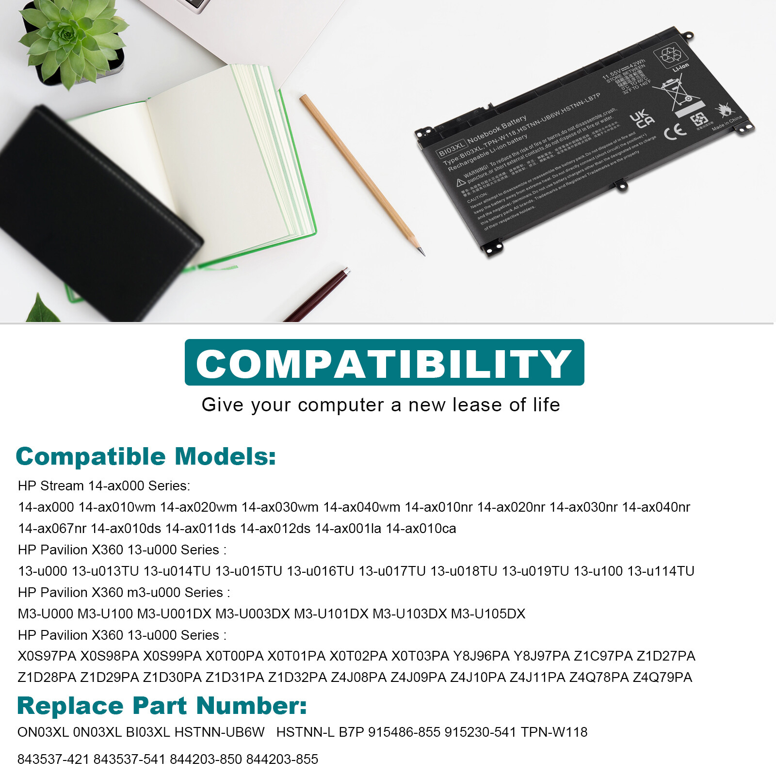 BI03XL Laptop Battery For HP STREAM 14-AX Pavilion X360 13-U 844203-855 ON03XL