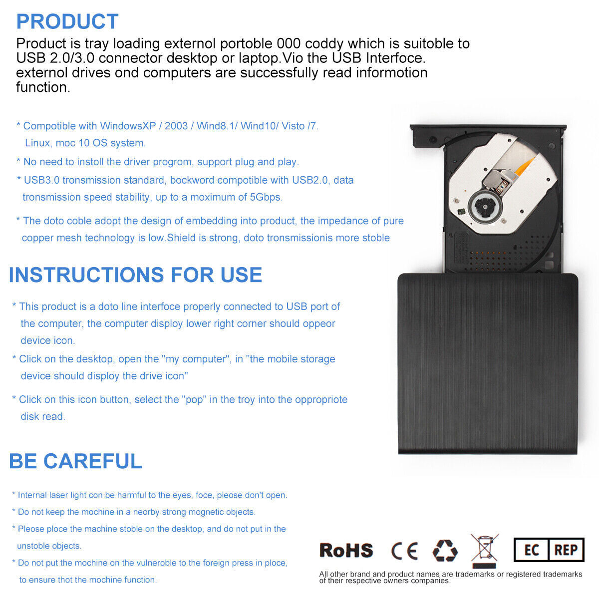 Slim External CD/DVD RW Drive USB 3.0 Writer Burner Player Black For Laptop PC