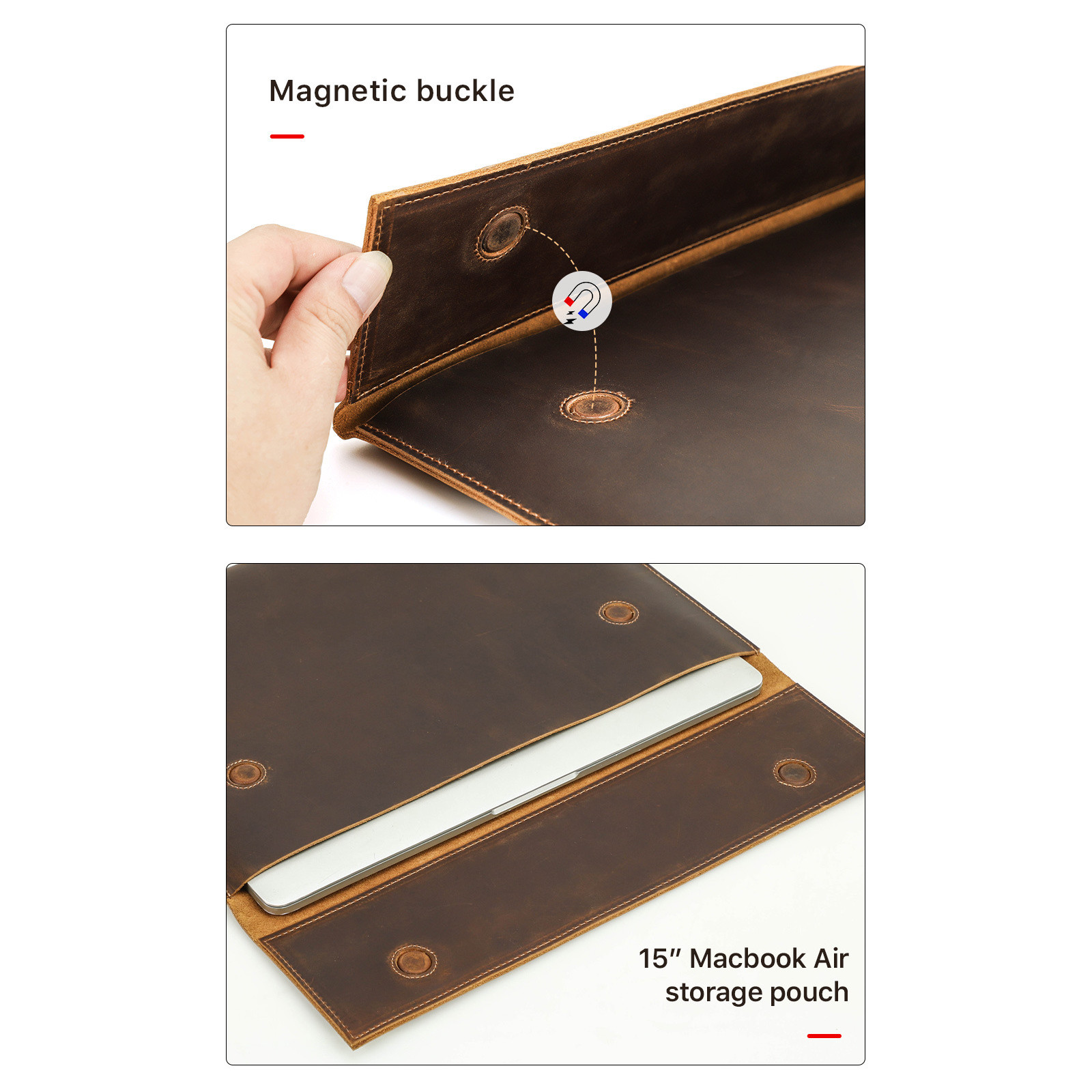 For MacBook Air 15 inch Genuine Leather Sleeve Magnetic Closure Laptop Case
