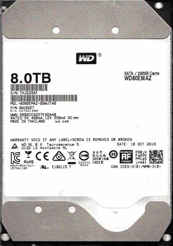WD80EMAZ-00WJTA0 P/N: 2W10227 OCT 2018 Thailand Western Digital 8TB