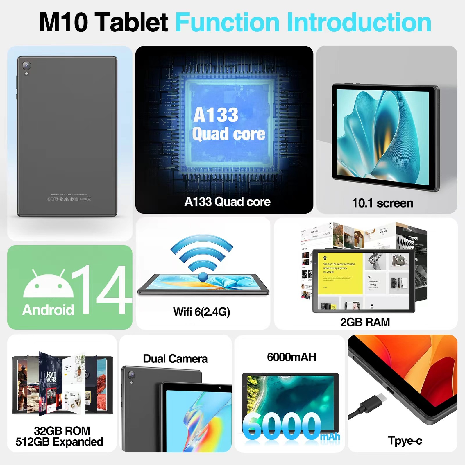 10 Inch Android 14 Tablet PC PAD 32GB ROM Quad-Core WIFI 6000mAh Dual Camera NEW