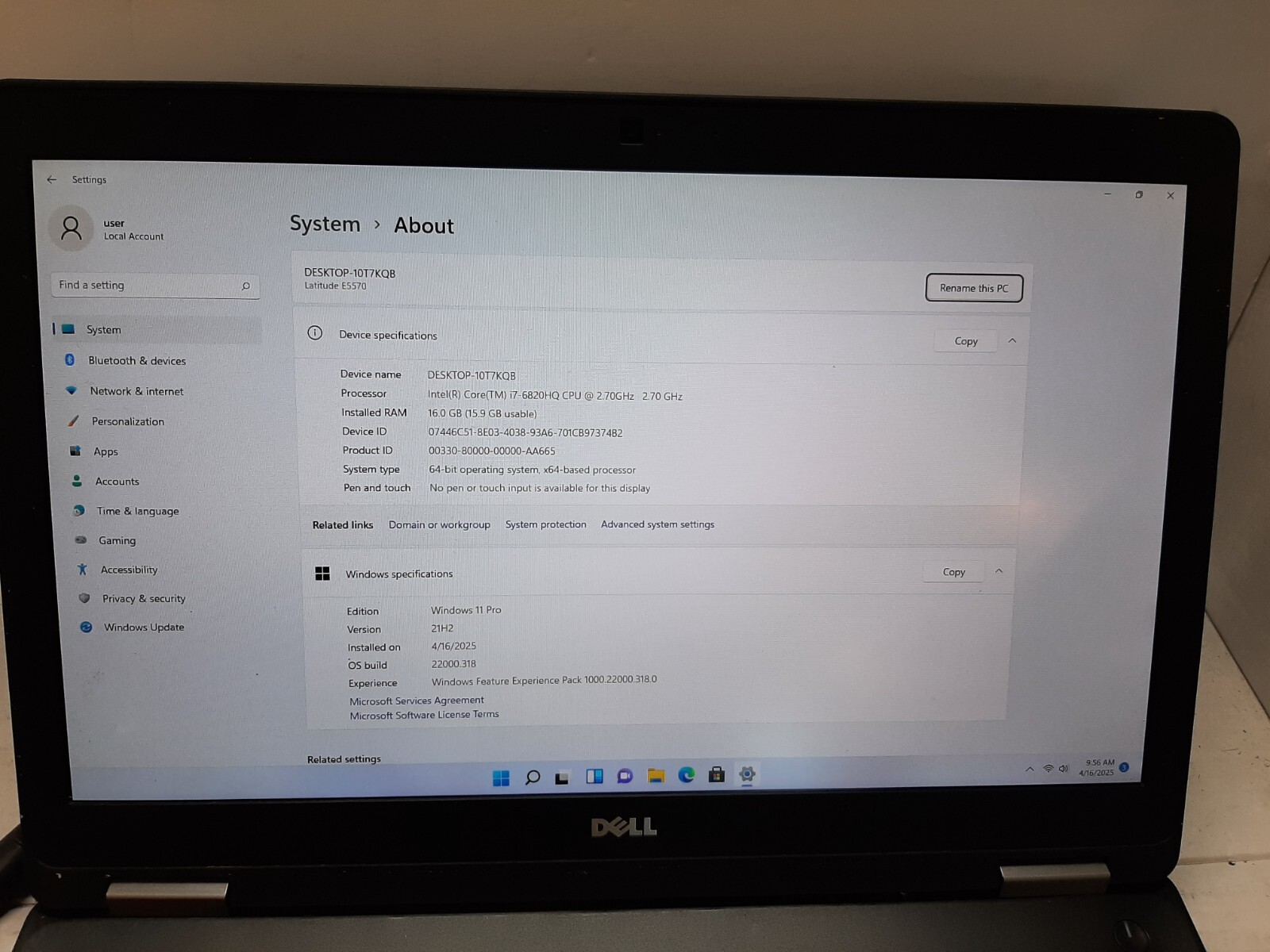 Dell Latitude E5570 i7-6820HQ 2.7Ghz 16GB RAM 256GB SSD NO BATTERY WIN11 #97