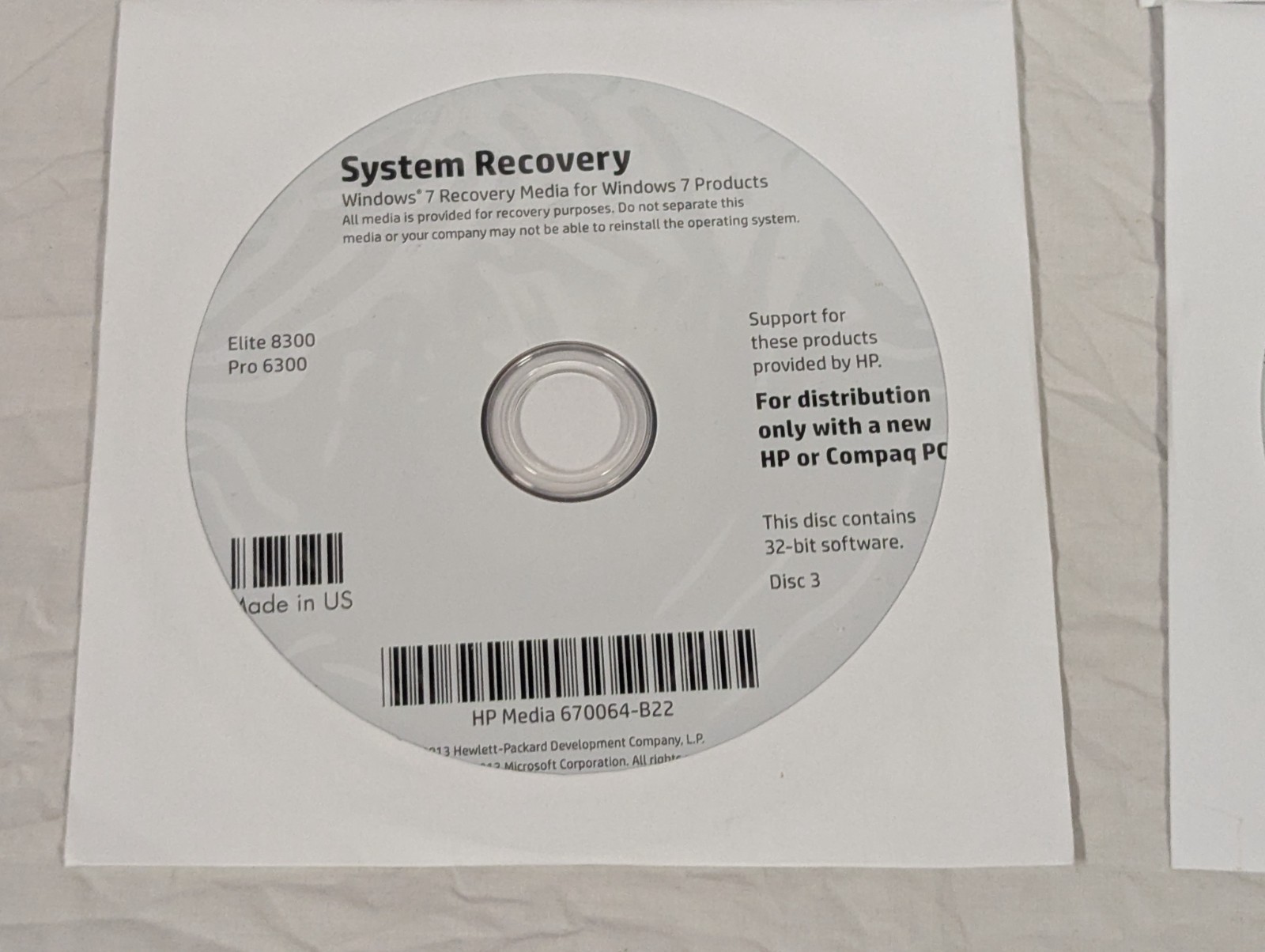 HP Windows 7 Pro 32-bit System Recovery Discs, Elite 8300 Pro 6300, No Key