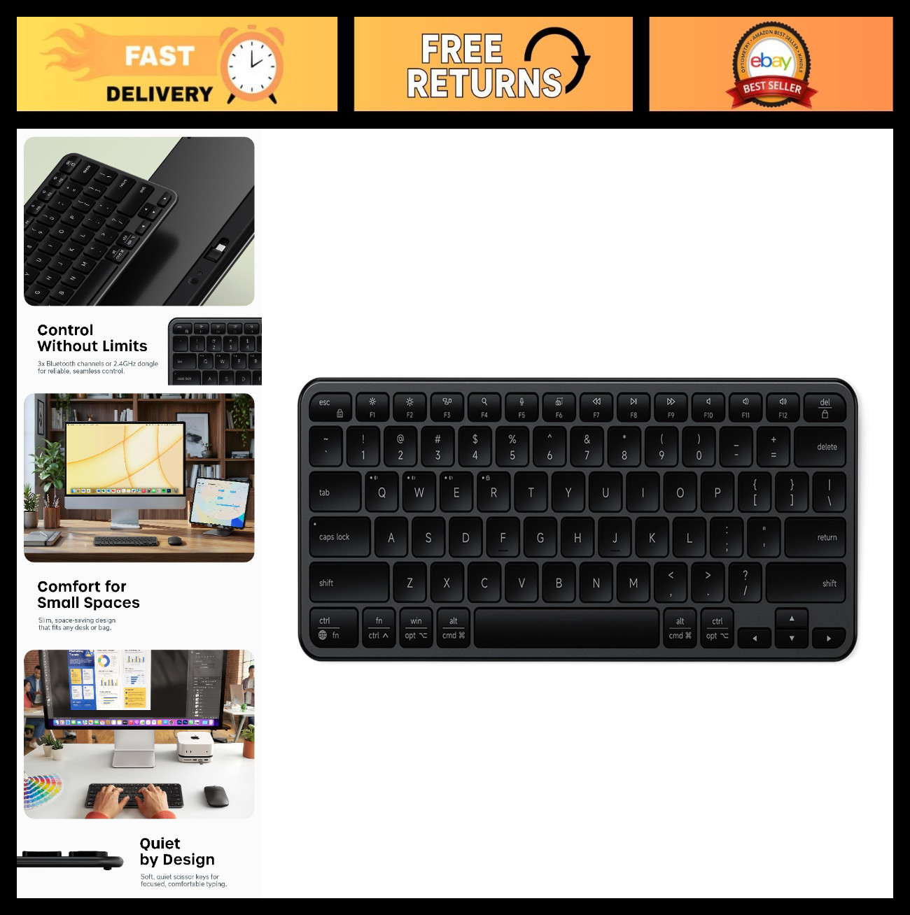 Compact Wireless Keyboard for Mac, Windows, Android – Multi-Device 4-in-1, USB-C