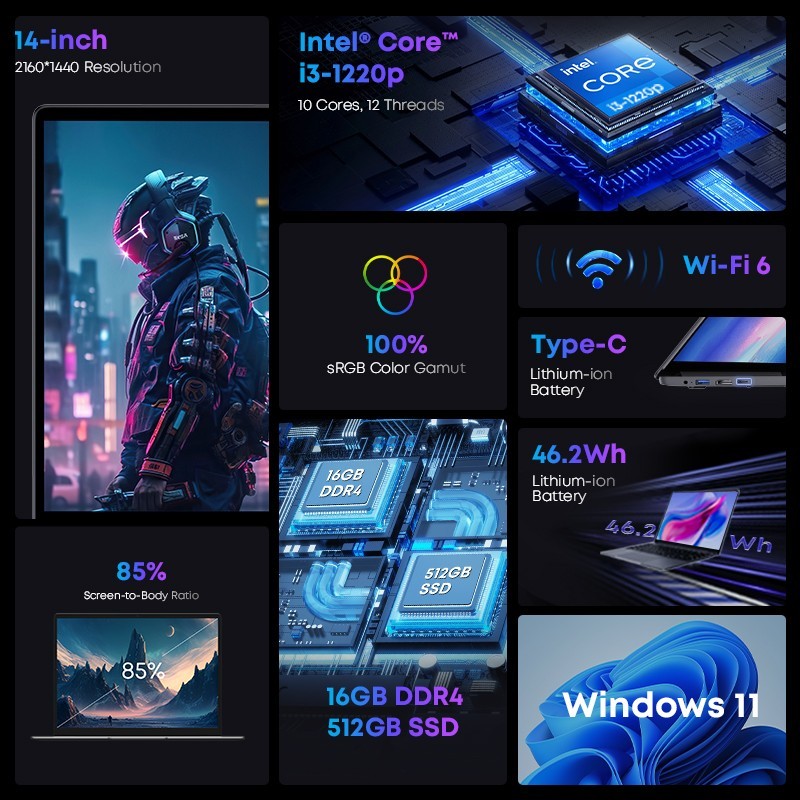CHUWI CoreBook X 14.1″ Laptop, Intel 12th Gen i3-1220P, 16GB+512GB NVMe, Win 11