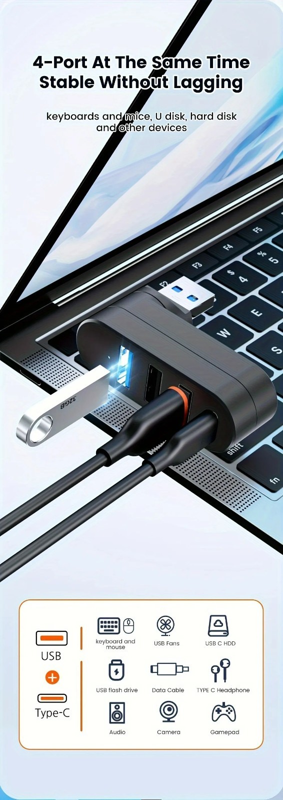 USB 3.0 Hub 3/4 Port High Speed Data Splitter Rotatable Adapter PC Laptop MacBok