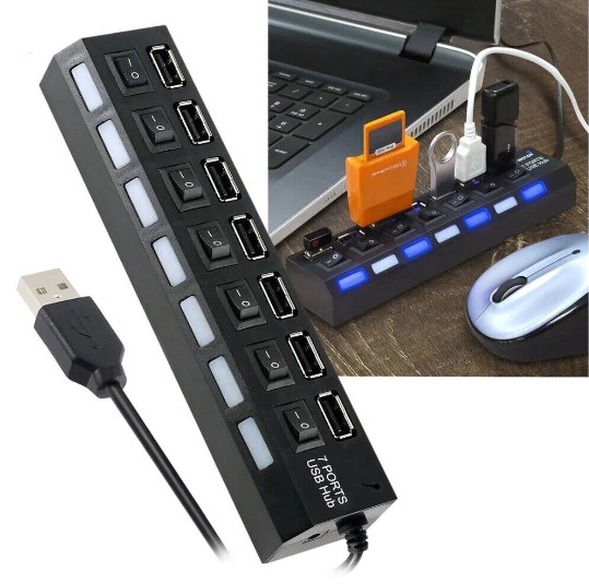 7 Port USB 2.0 For PC Laptop Mac Desktop With 5V 2a Power Supply For Outlets