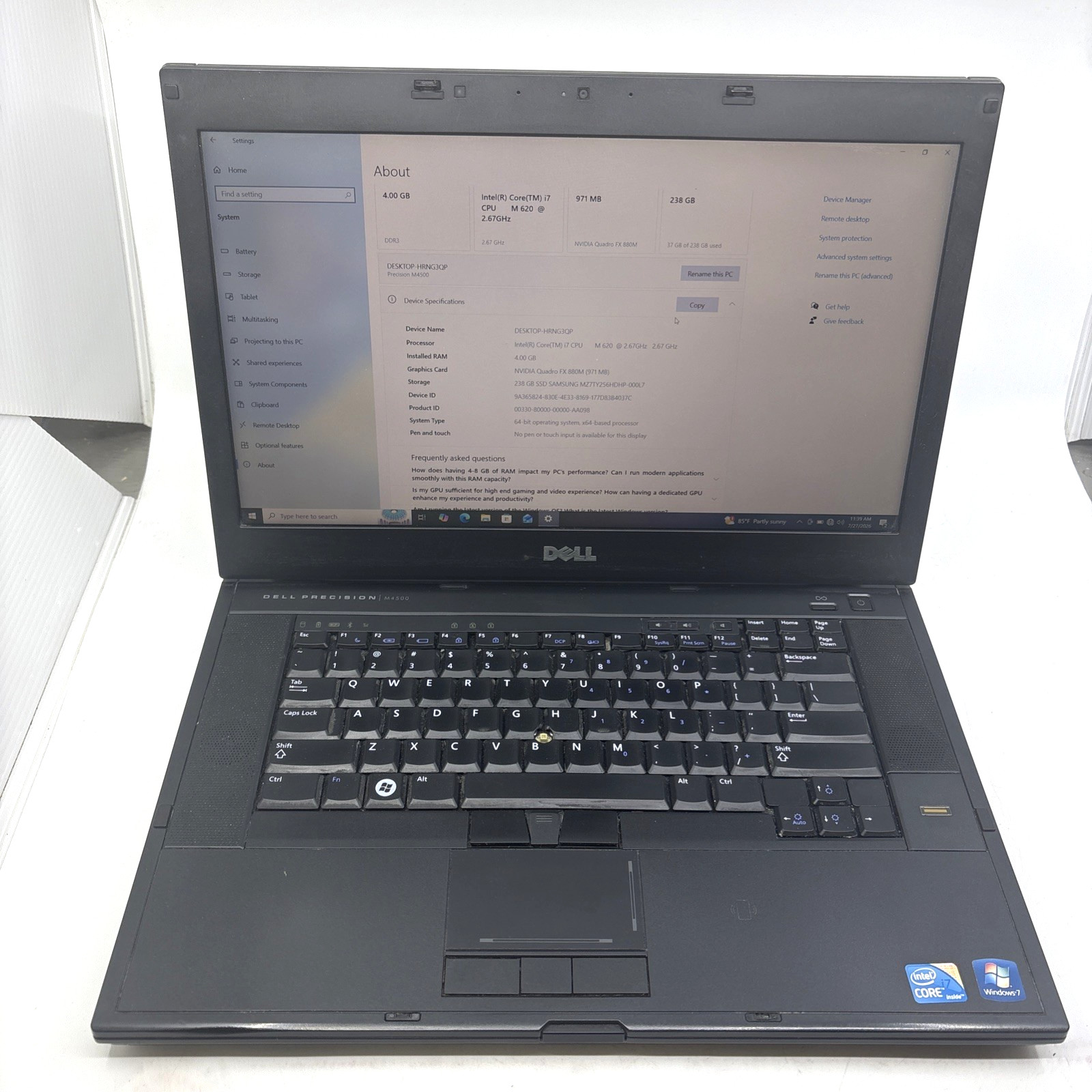 Dell Precision M4500 i7-620M 2.67GHZ4GB RAM 250GB SSD Quadro FX Win 10 Bad Trpad