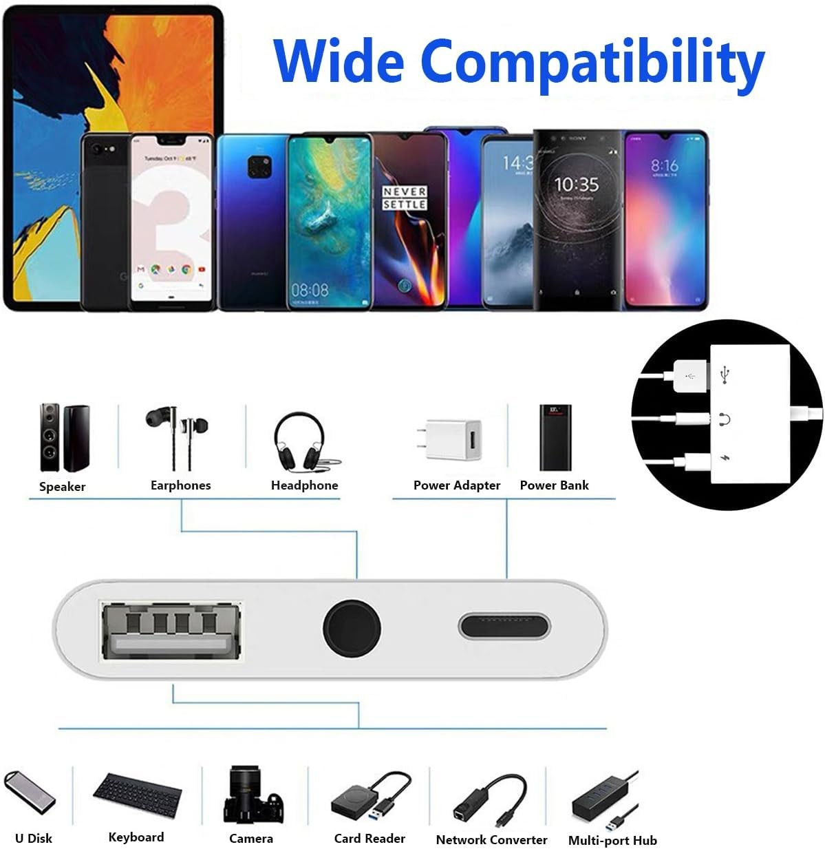 USB C to USB Adapter for MacBook, 3-in-1 USB C to USB-A OTG Splitter with 3.5mm