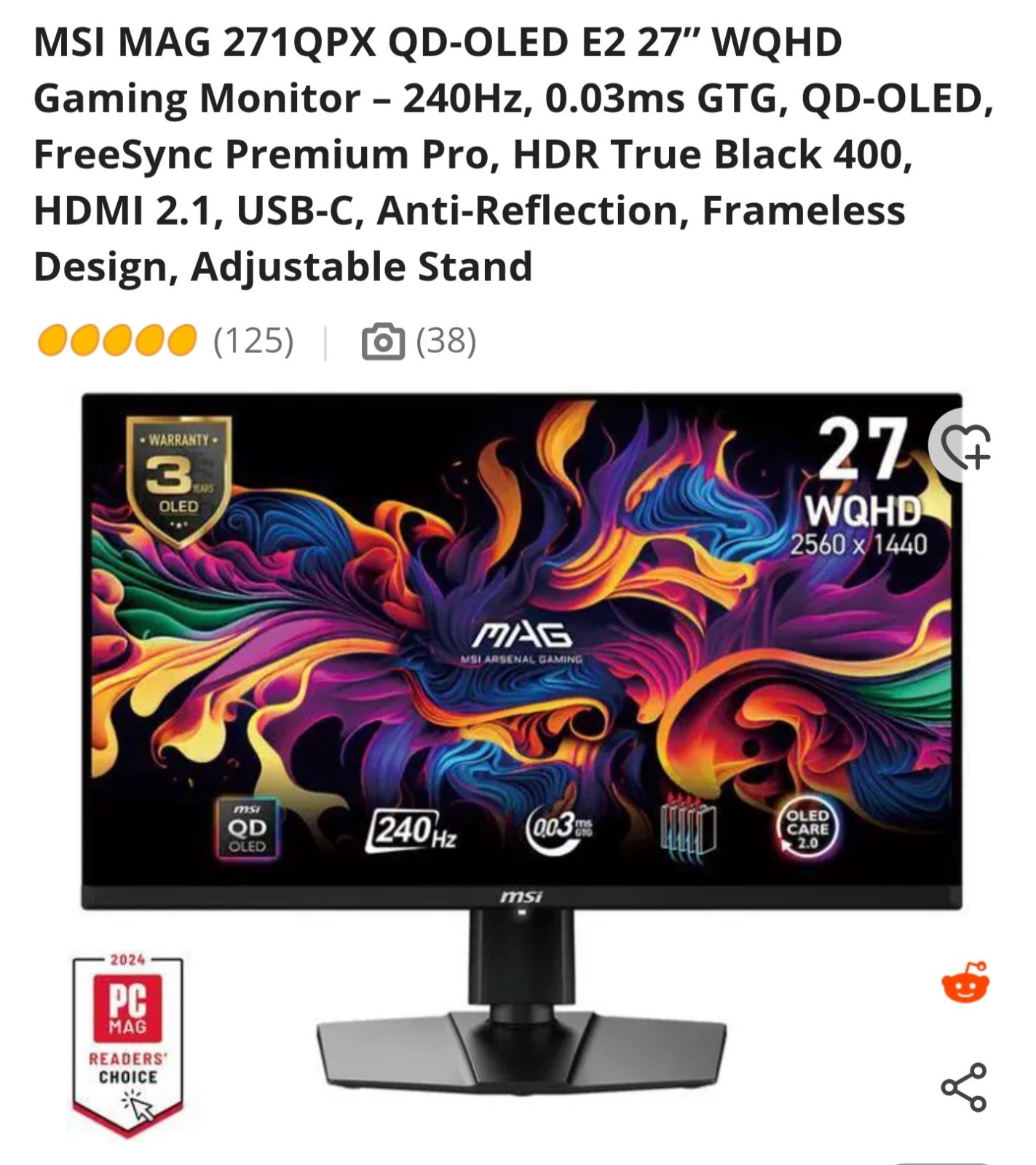 MSI MAG 271QPX 27in QD-OLED WQHD 240Hz 0.03ms FreeSync HDMI 2.1 USB-C