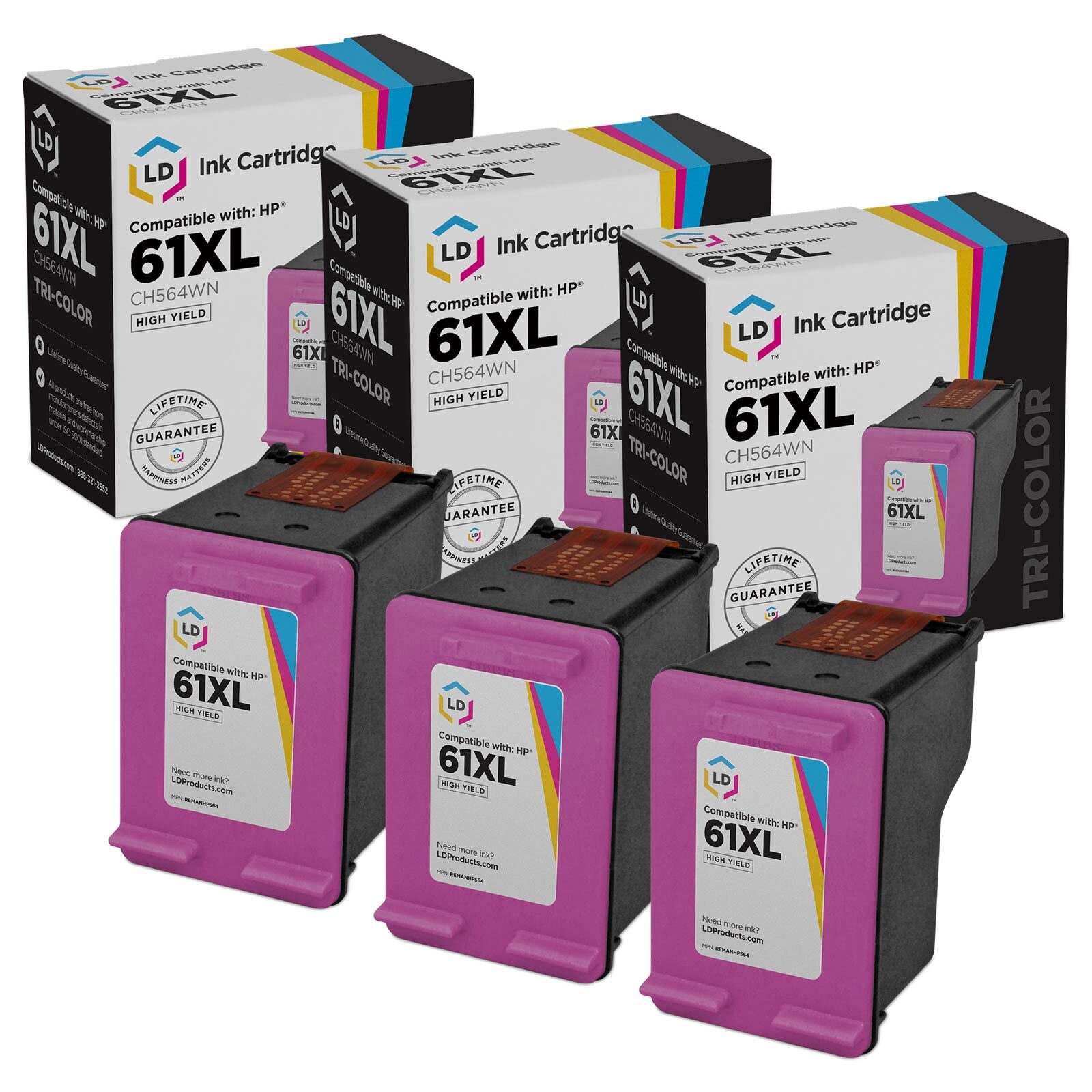 LD Replacement HP 61XL / CH564WN High Yield Color Ink Cartridge 3-Pack
