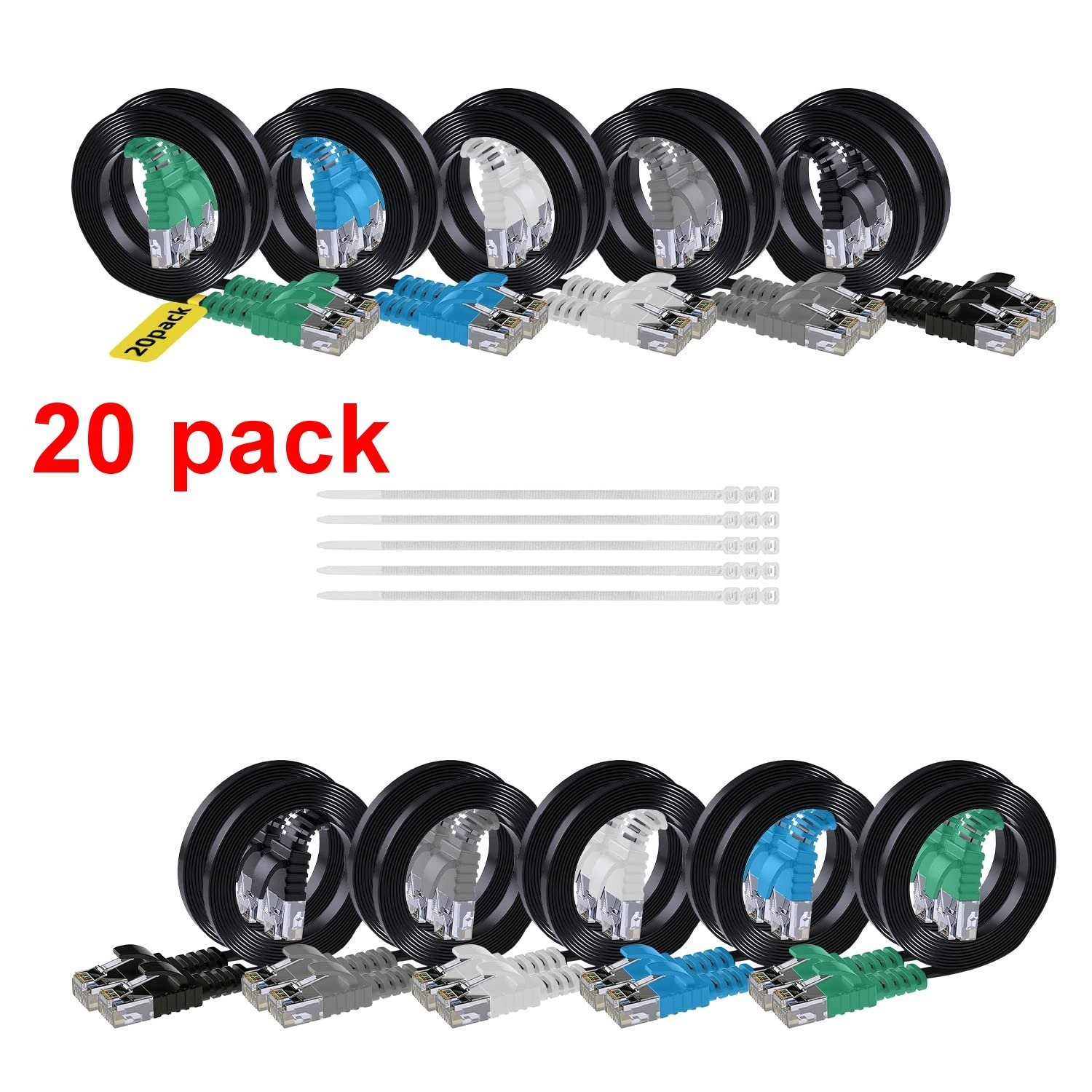 Cat6 Flat Ethernet Cable 2 Ft/20 Pack, High Speed Slim Short Patch Cables Copper
